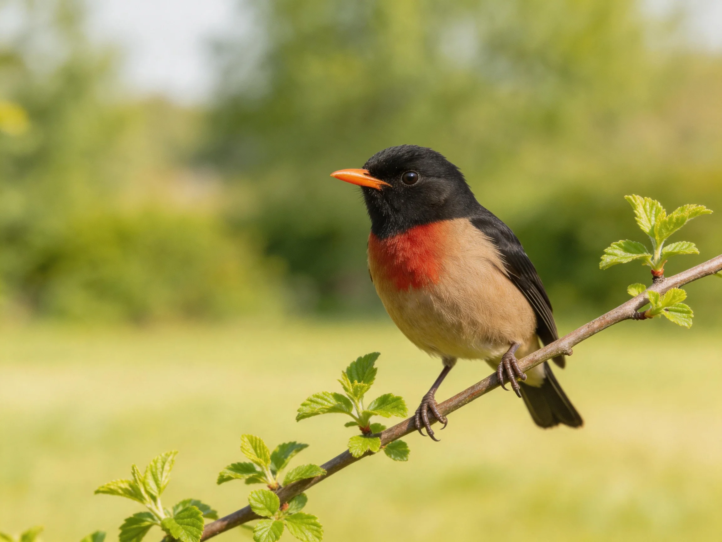 A small bird with black head, red chest, orange beak perched on a leafy branch