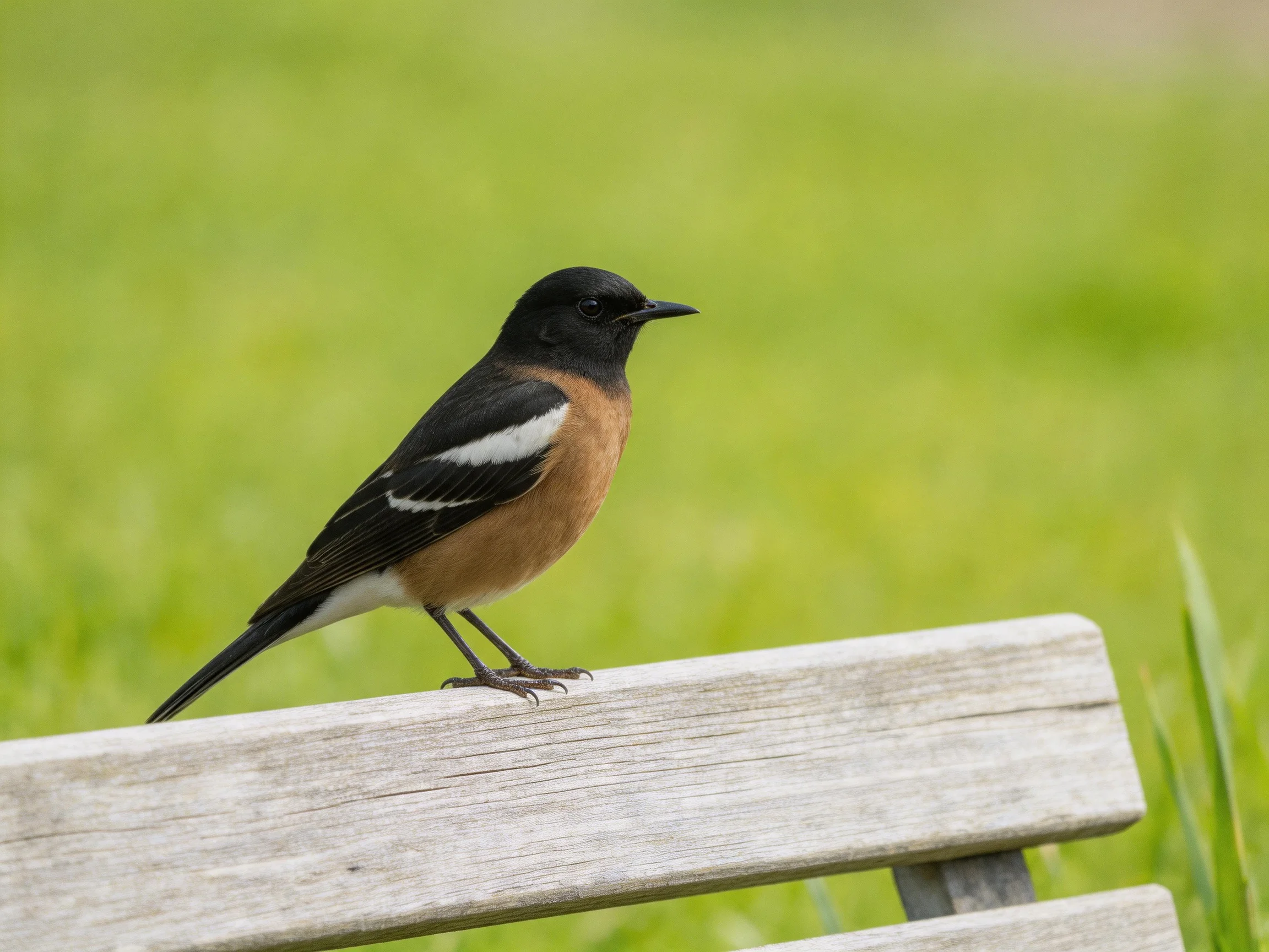 A small bird with black head, rust chest, white wing patches, on weathered wood