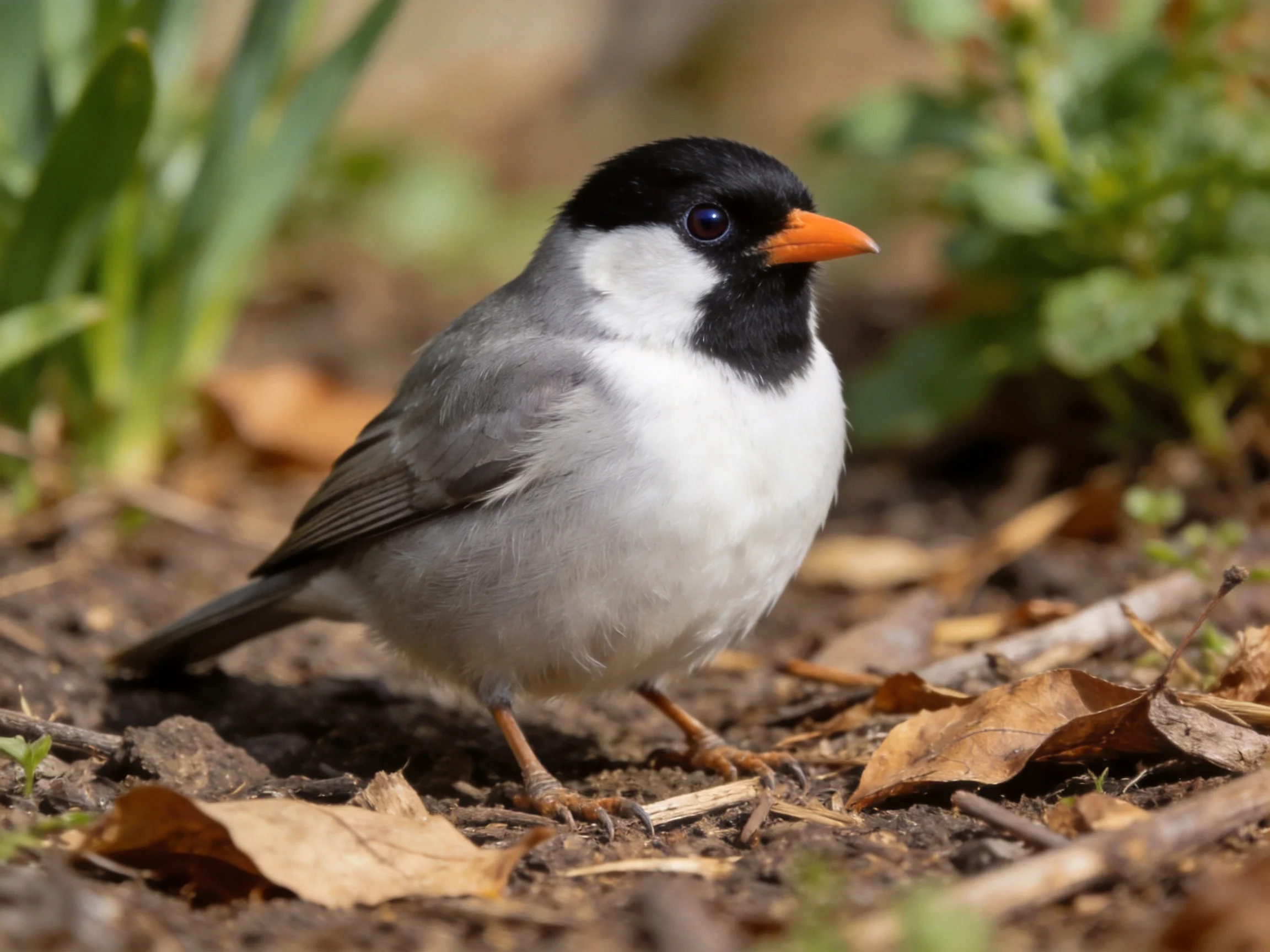 A small bird with black head, white chest, and orange beak on leaf-strewn soil