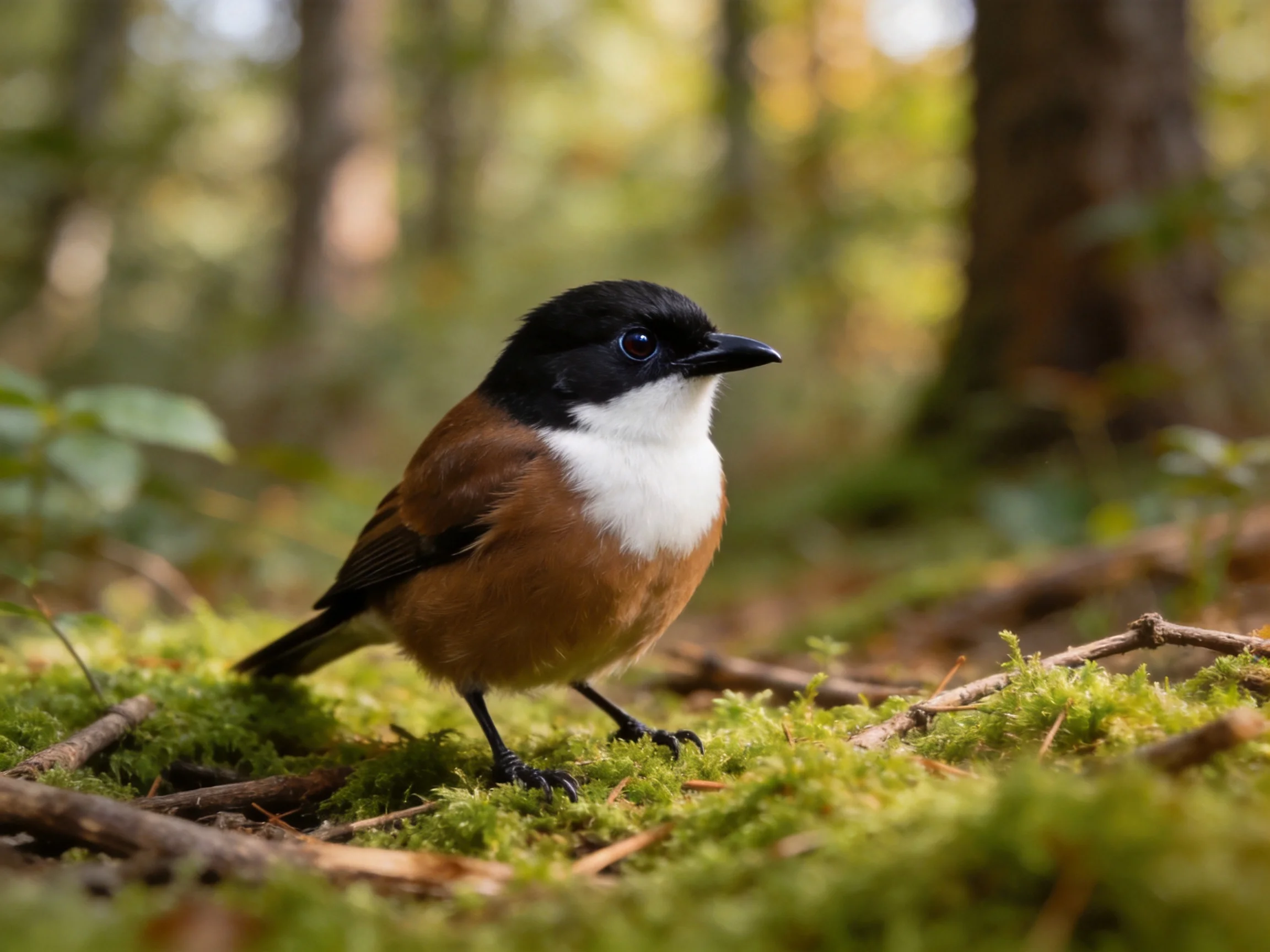 A small bird with black head, white chest, brown body on mossy forest floor