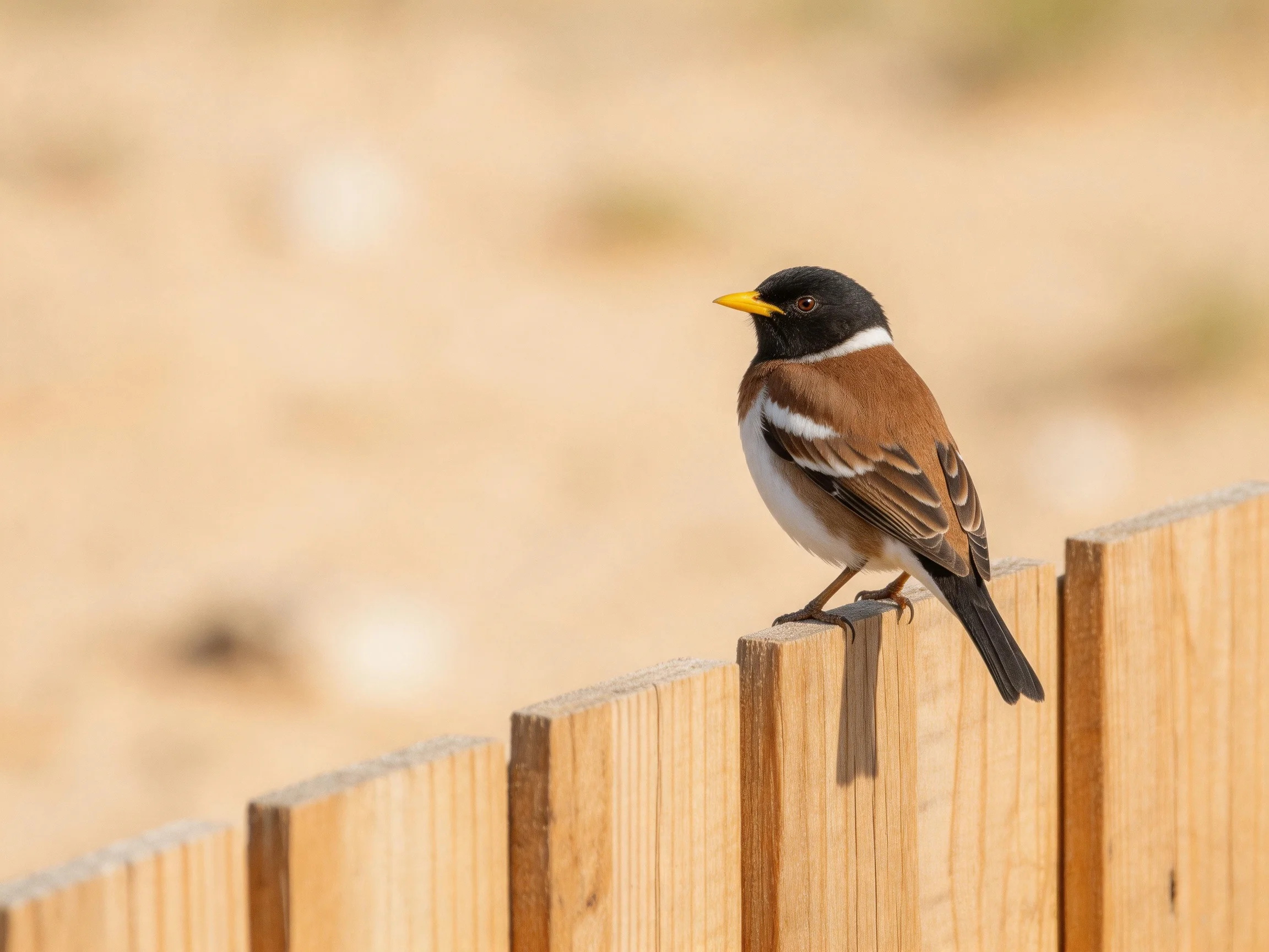 A small bird with black head, yellow beak, and brown wings perched on a wooden fence