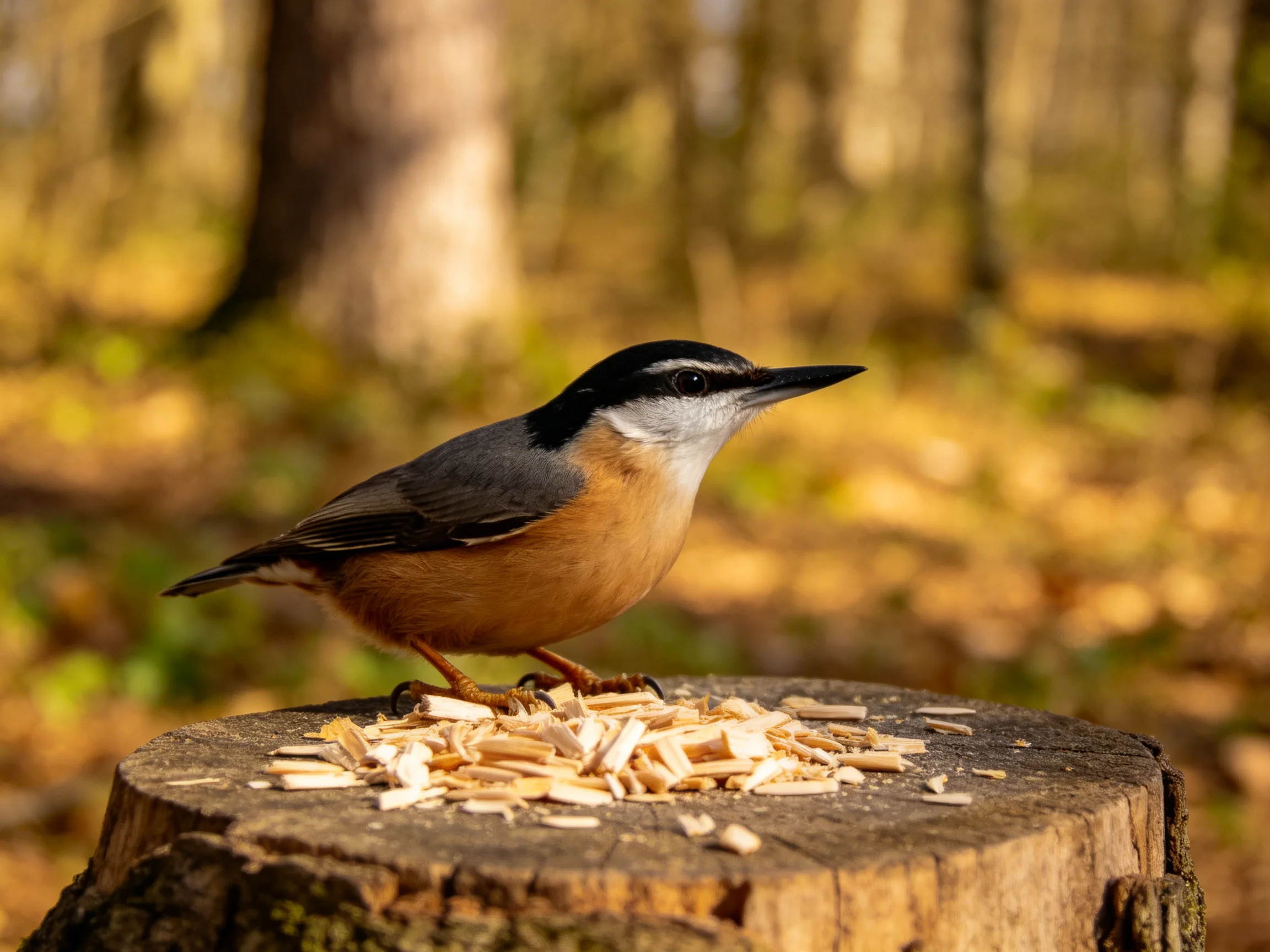 A vibrantly colored bird rests on a tree stump among seeds in a forest