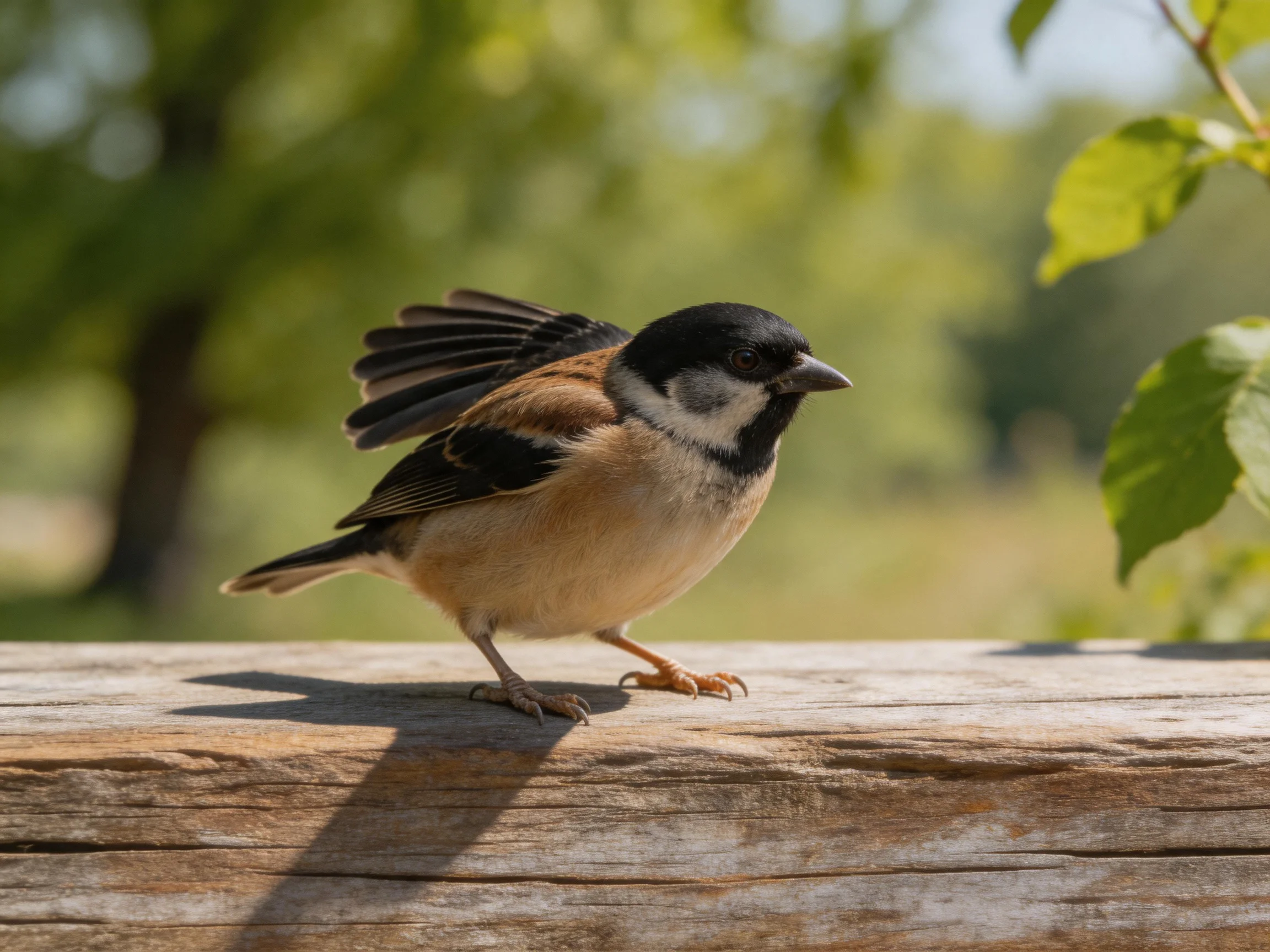 A small bird with black, tan, and white plumage perched on weathered wooden planks