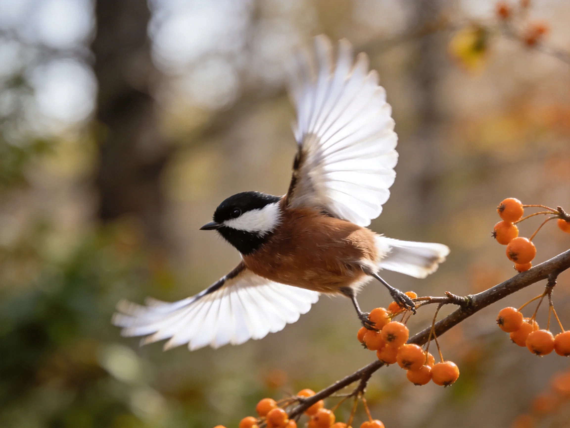 A small bird with black, white, and brown plumage flies toward orange berries