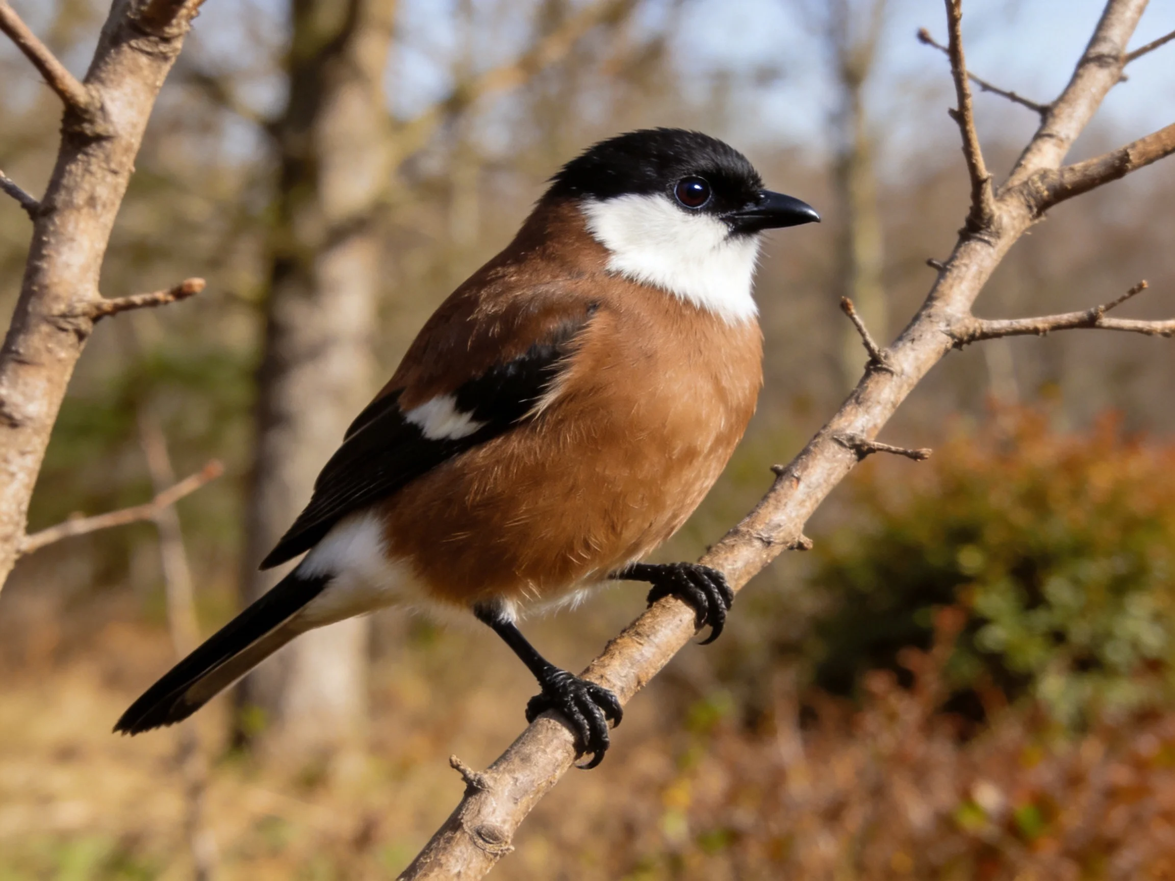 A small bird with black, white, and brown plumage perched on a bare branch