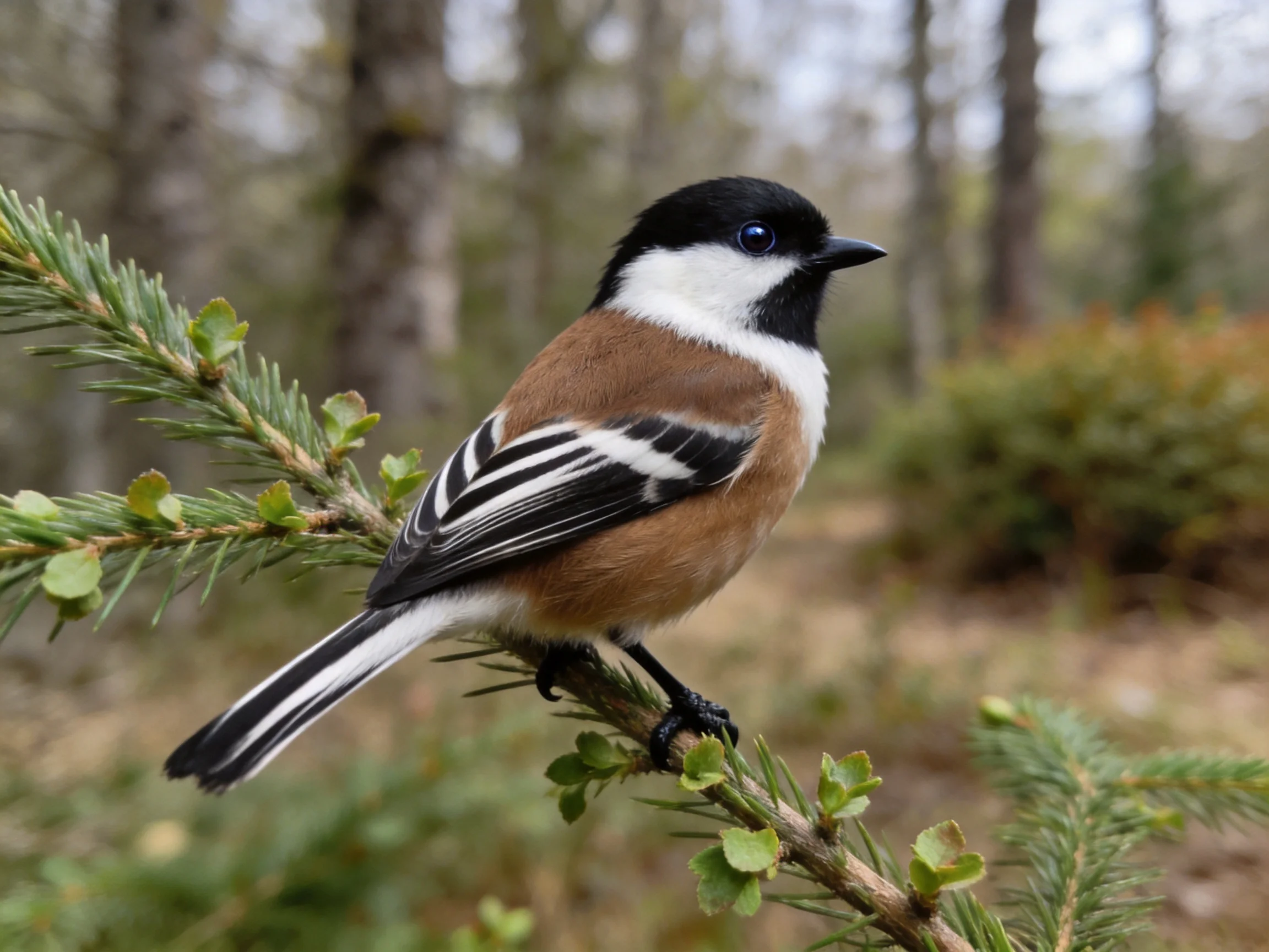 A small bird with black, white, and brown plumage perched on a green pine branch