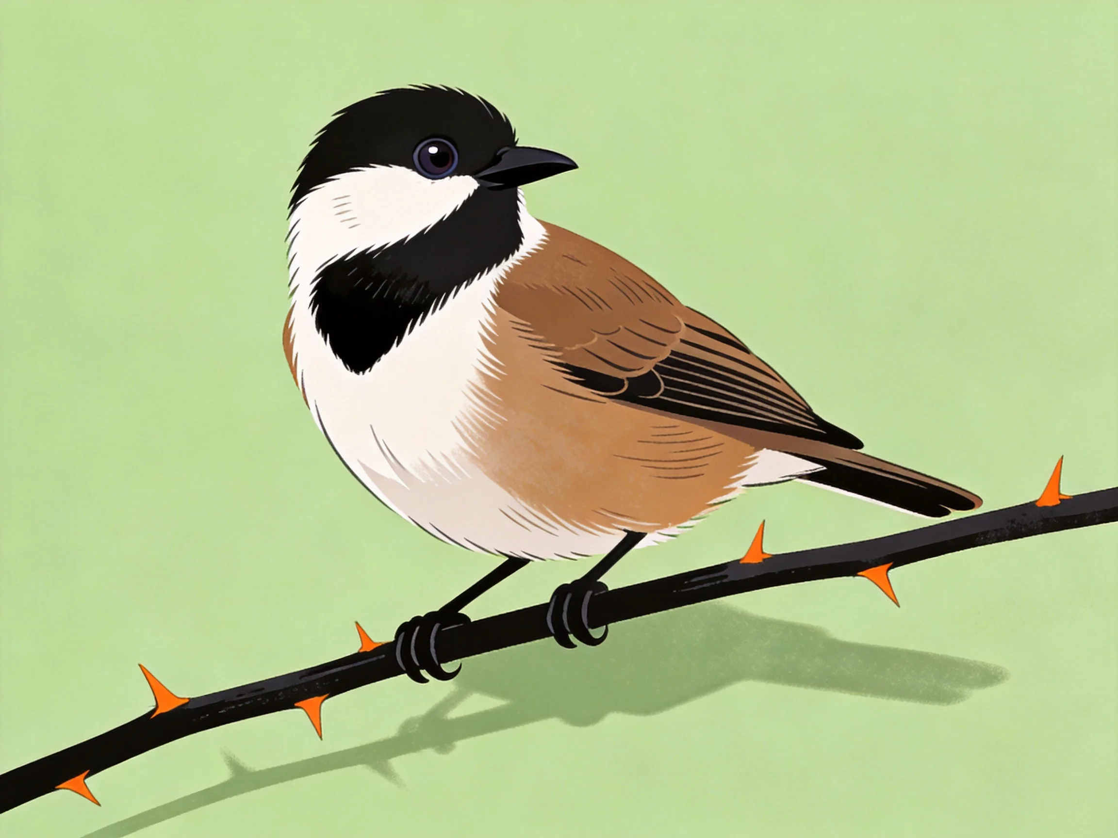 A small bird with black, white, and brown plumage perched on a thorny branch