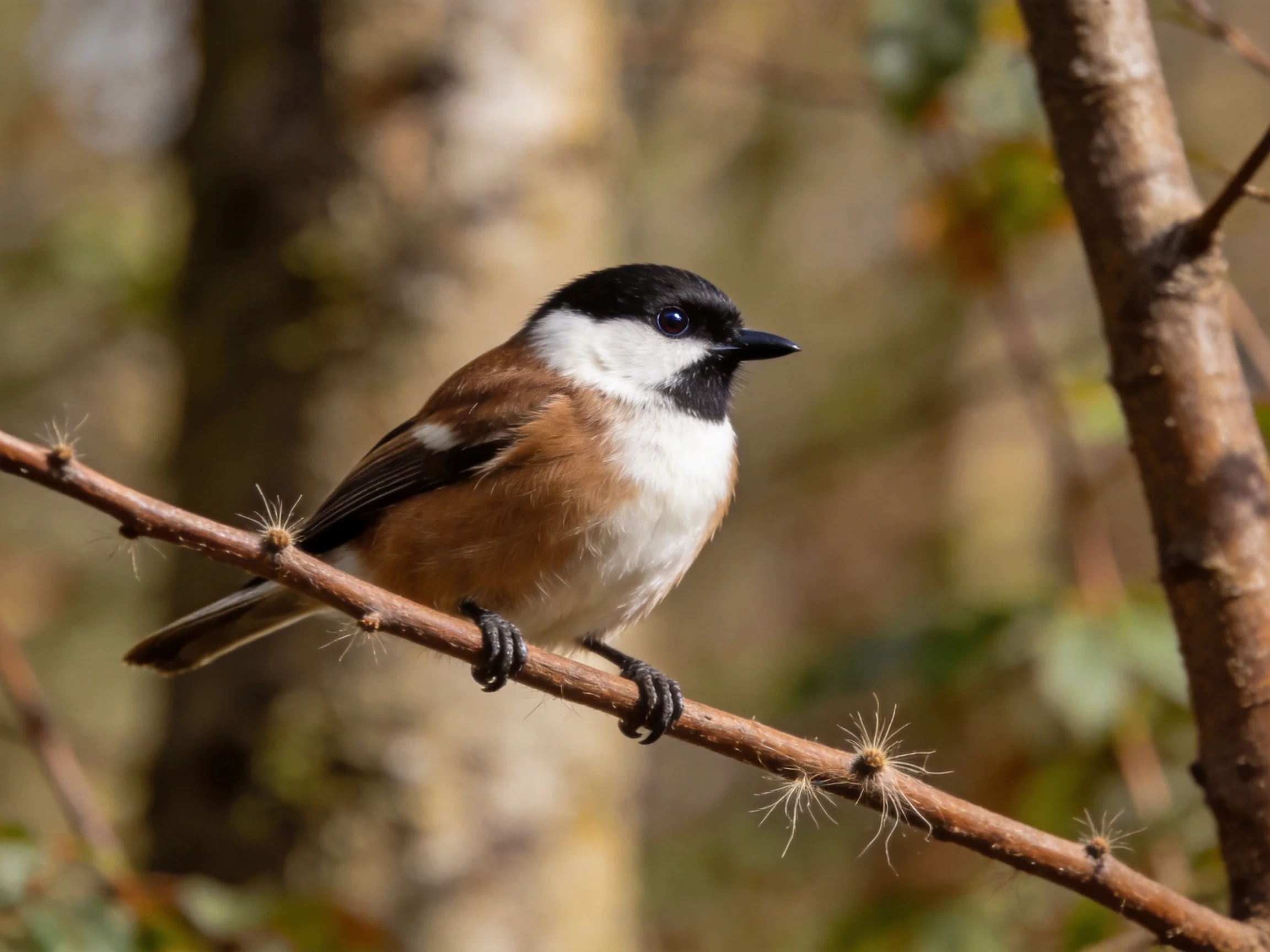 A small bird with black, white, and brown plumage perched on a thorny branch