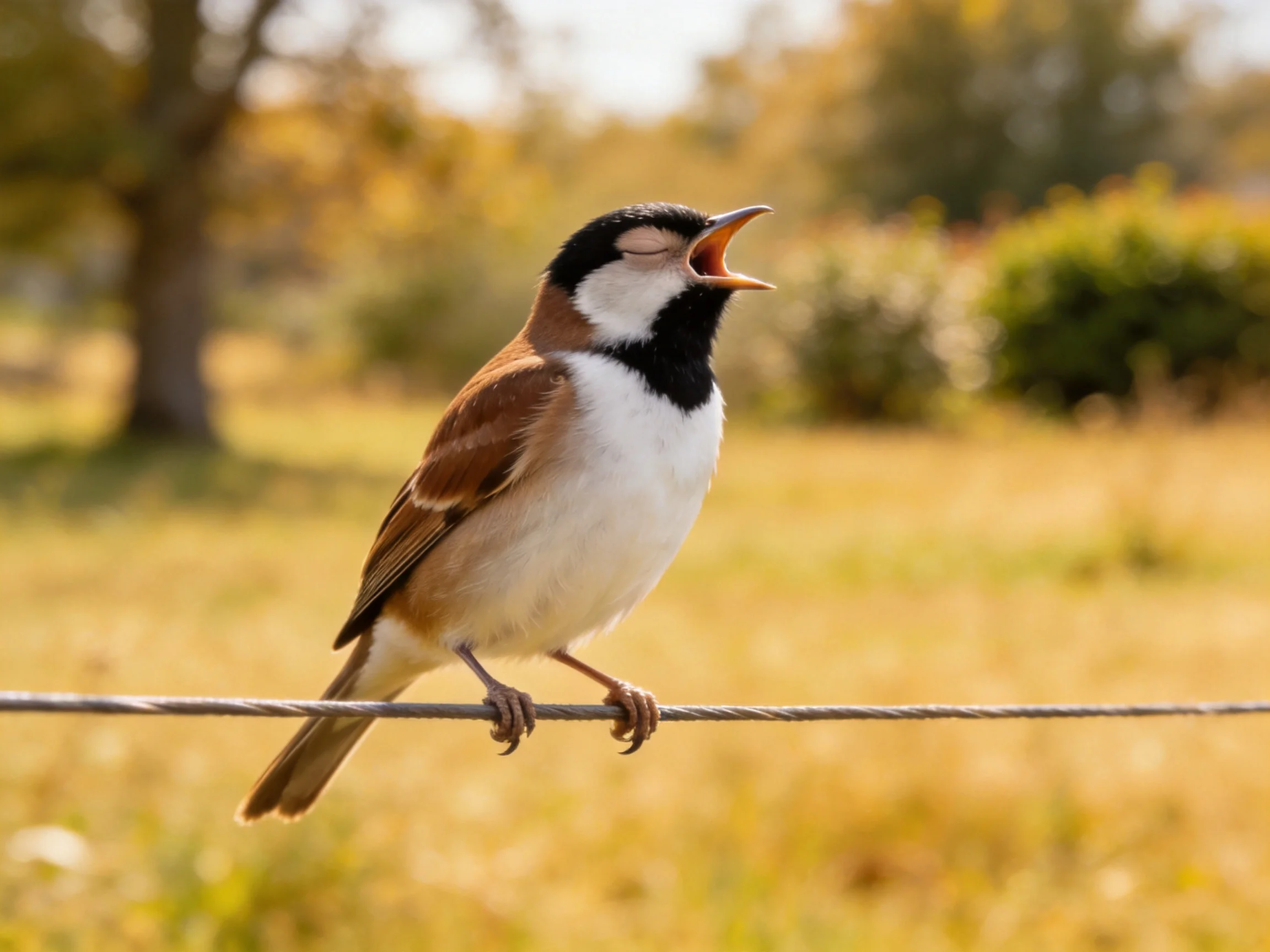 A small bird with black, white, and brown plumage perched on a wire