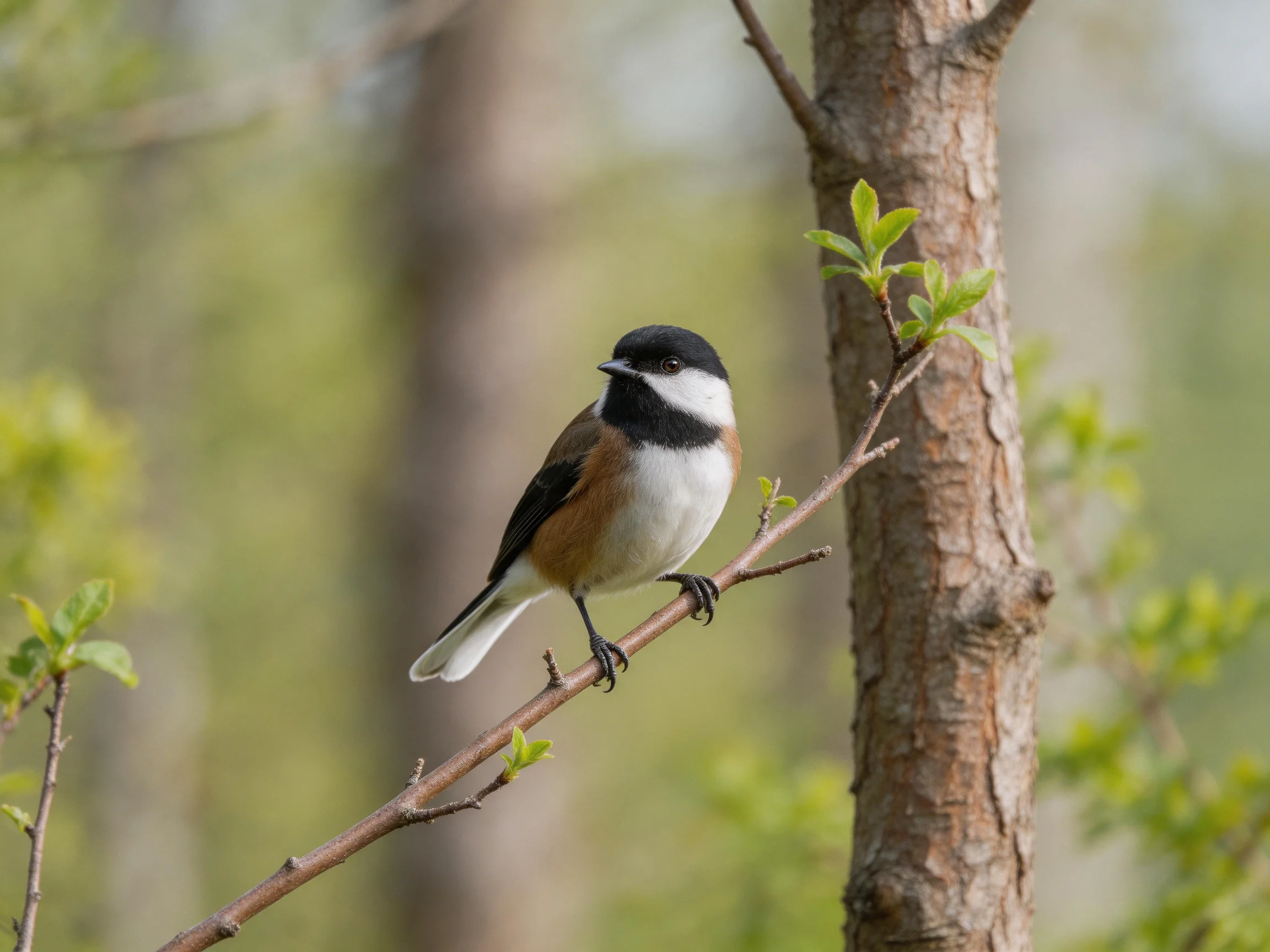A small bird with black, white, and brown plumage perches on a budding branch.