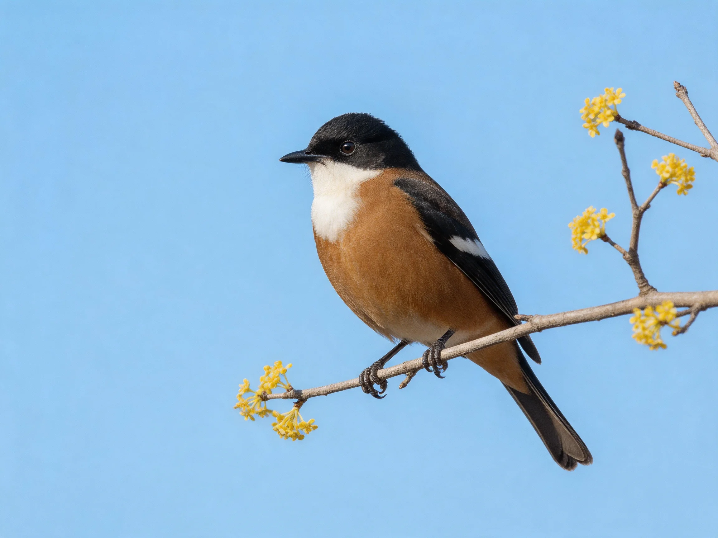 A bird with distinct coloration rests on a branch with yellow blossoms