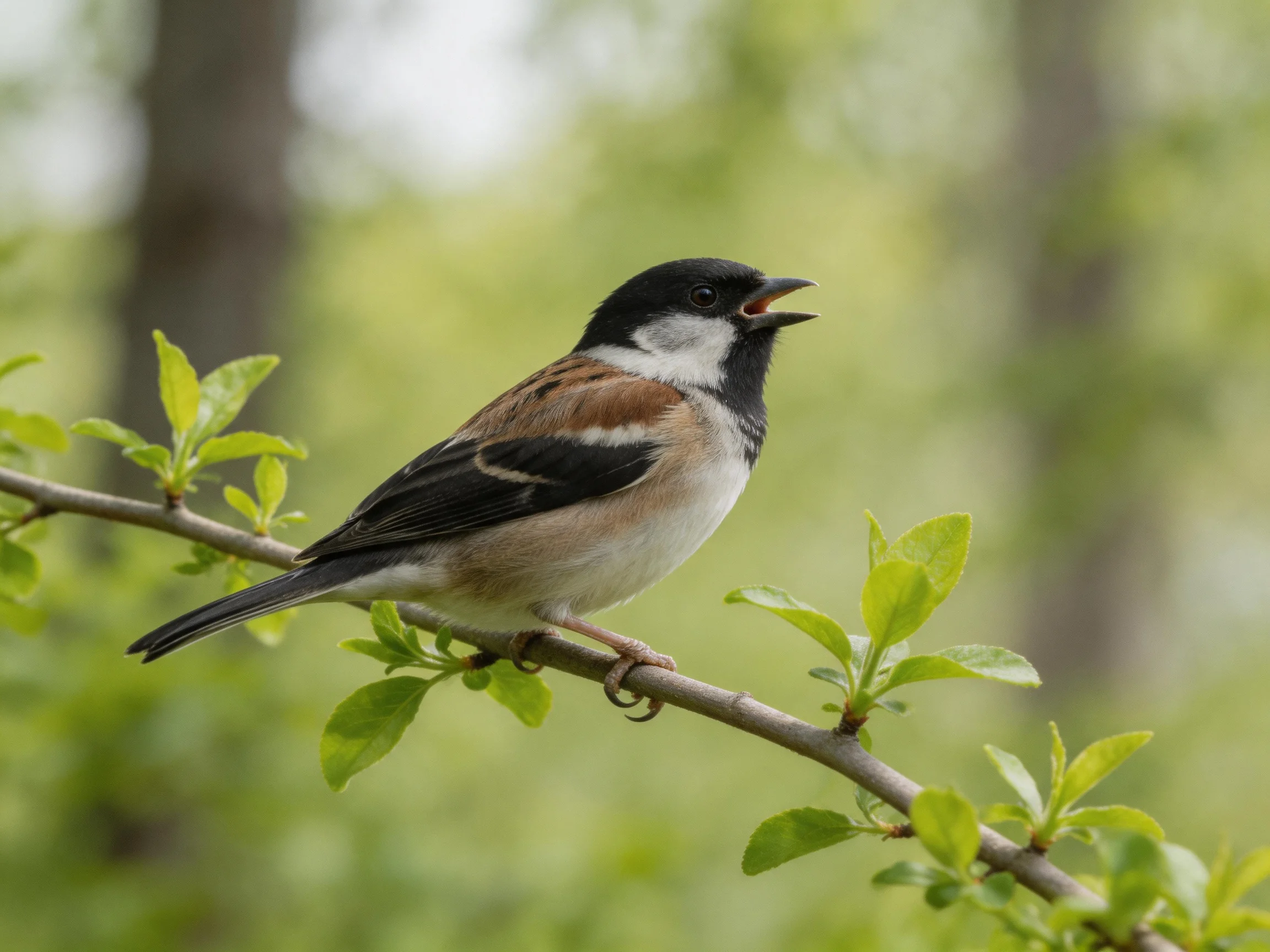 A small bird with colorful plumage rests on a leafy branch in a green environment.