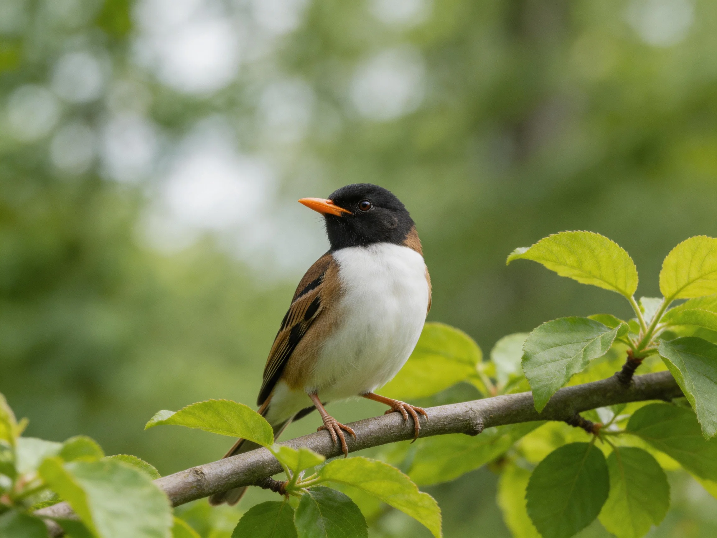 A small bird with distinct color patterns rests on a branch amid green foliage.