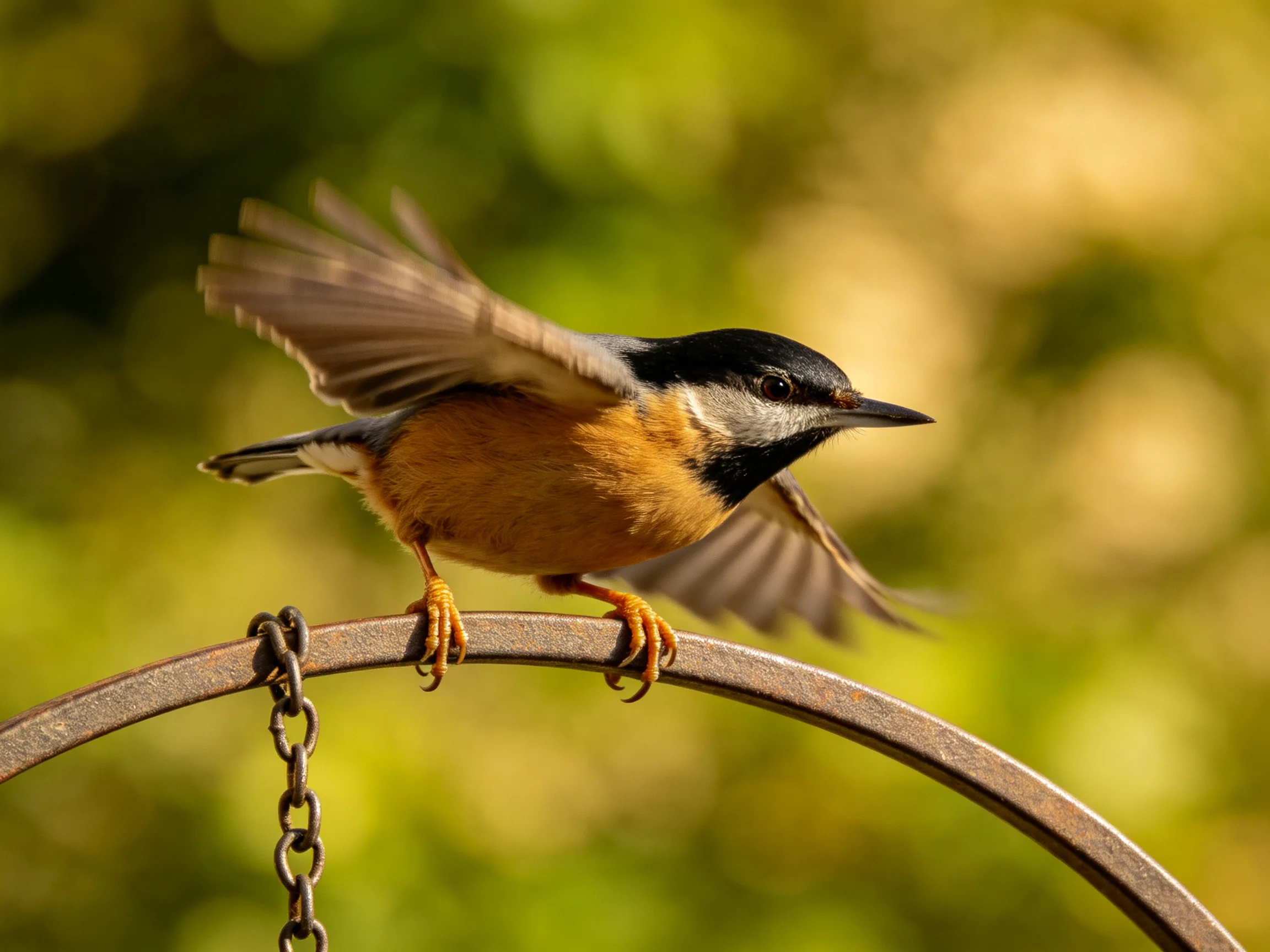 A colorful bird takes flight from a metal feeder in soft, natural background