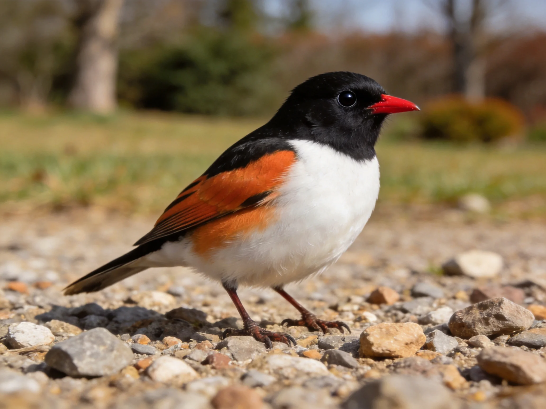 A small bird with multicolored feathers stands on gravel.