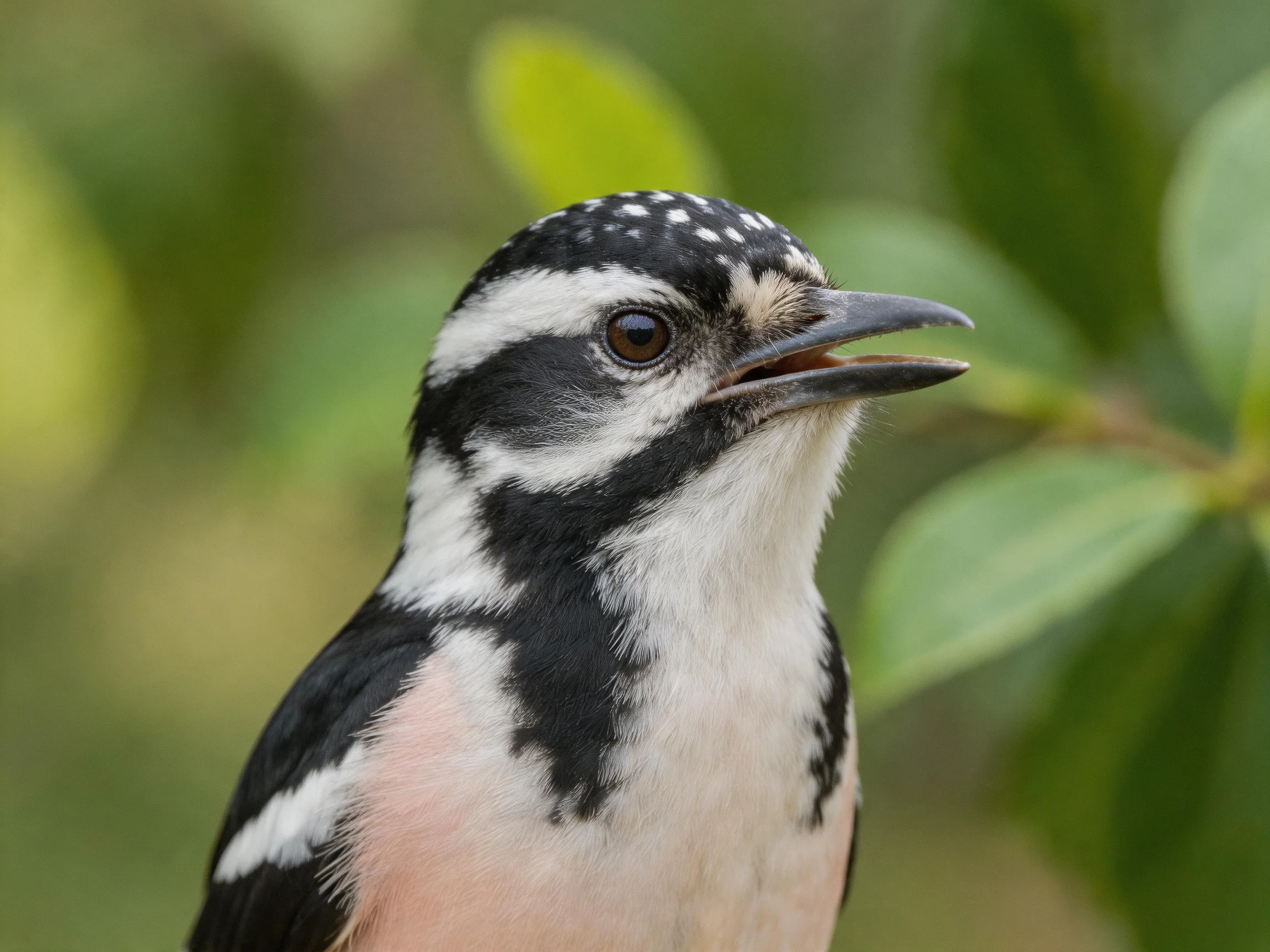 A small bird with black, white, and pink plumage rests near green foliage.