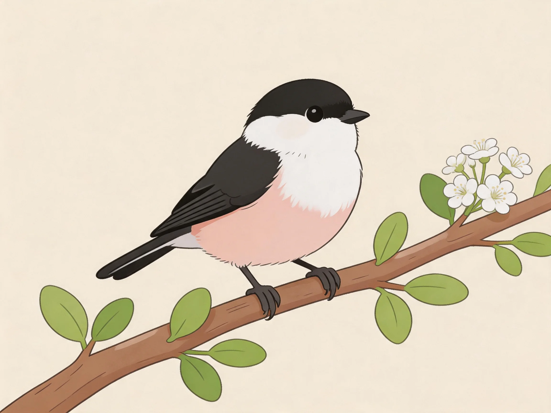 A small bird with black, white, and pink plumage perches on a brown branch