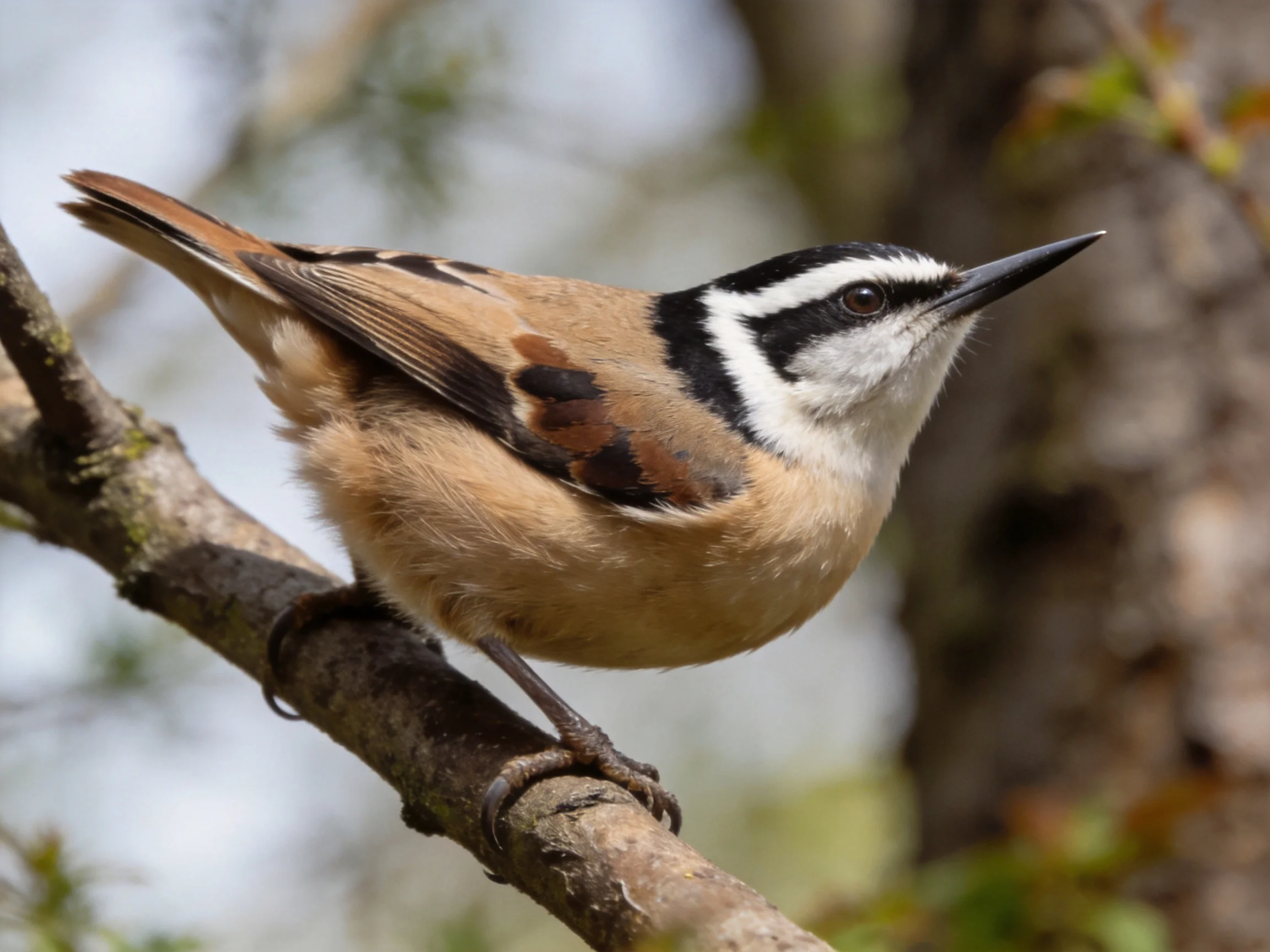 A small bird with black, white, and tan plumage perched on a tree branch