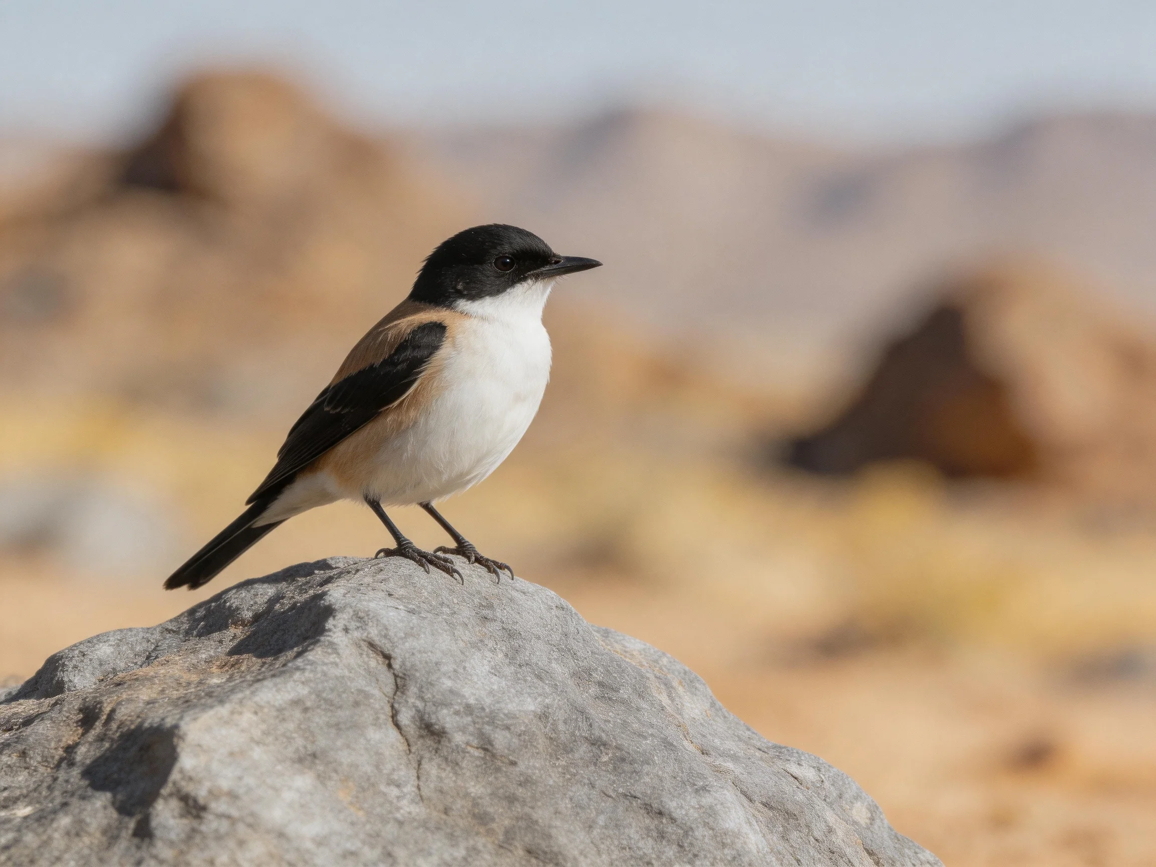 A small bird with black, white, and tan plumage perches on a gray rock