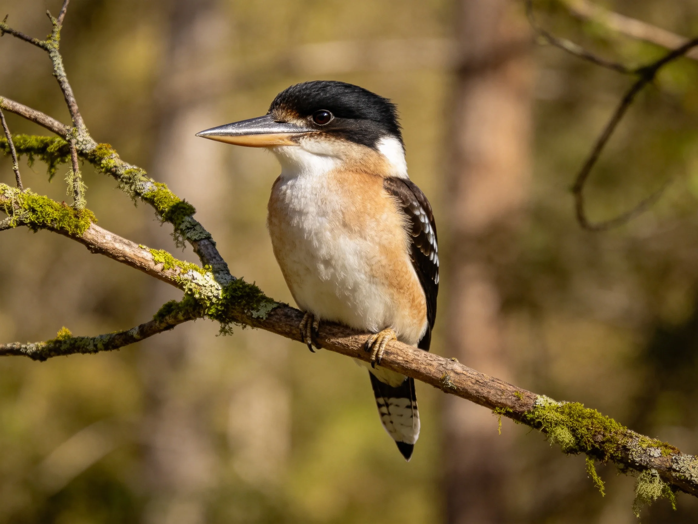 A colorful bird rests on a moss-laden branch.