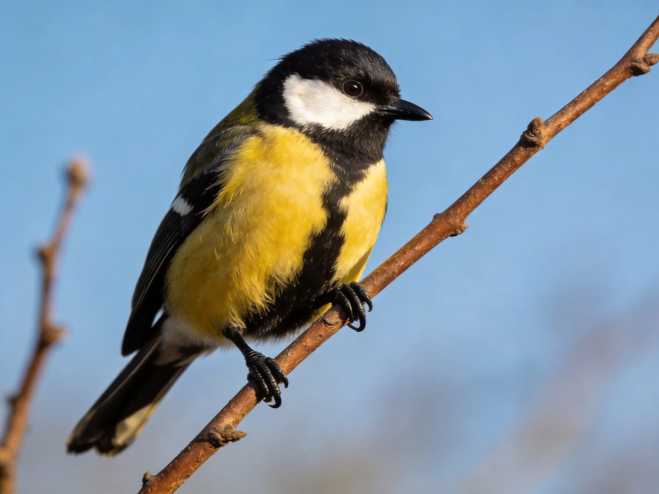 A vibrantly colored bird with black, white, and yellow feathers rests on a brown tree branch