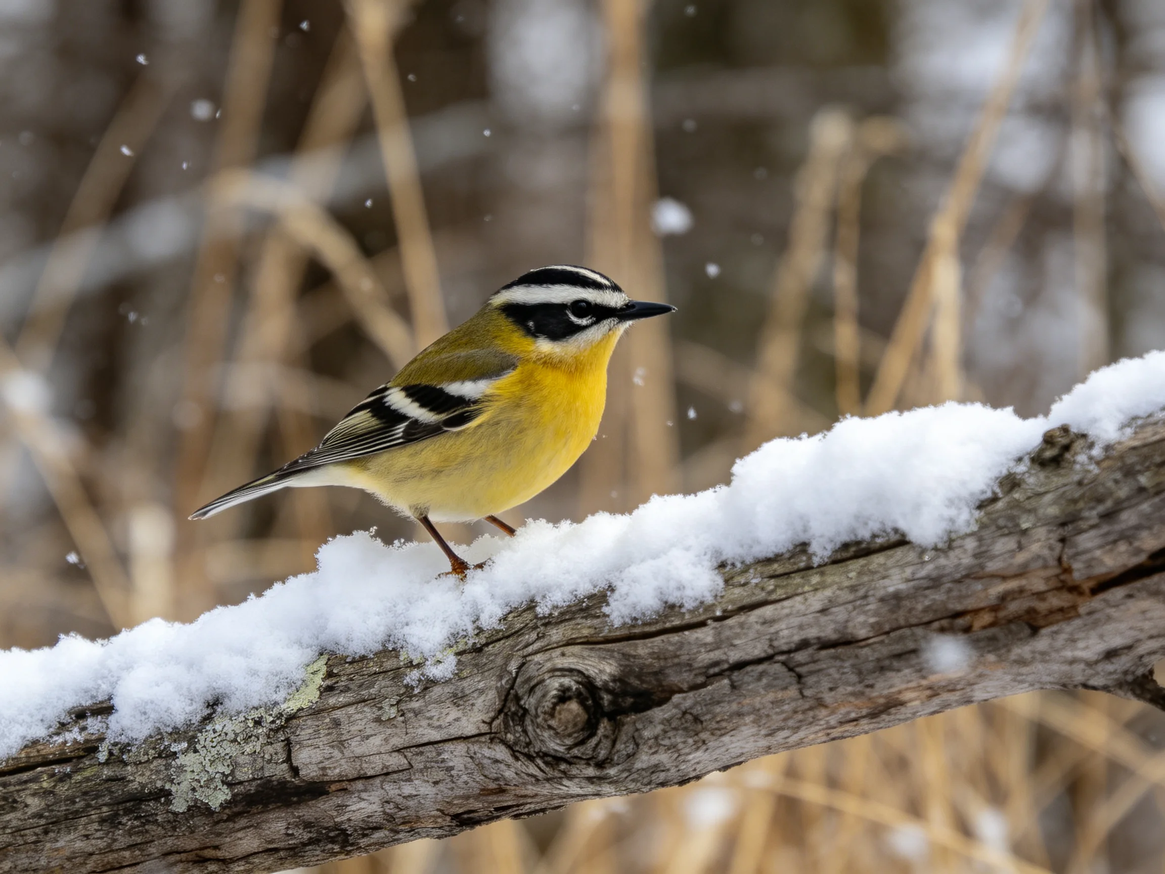 A small bird with colorful plumage rests on a snow-covered branch in a wintry scene