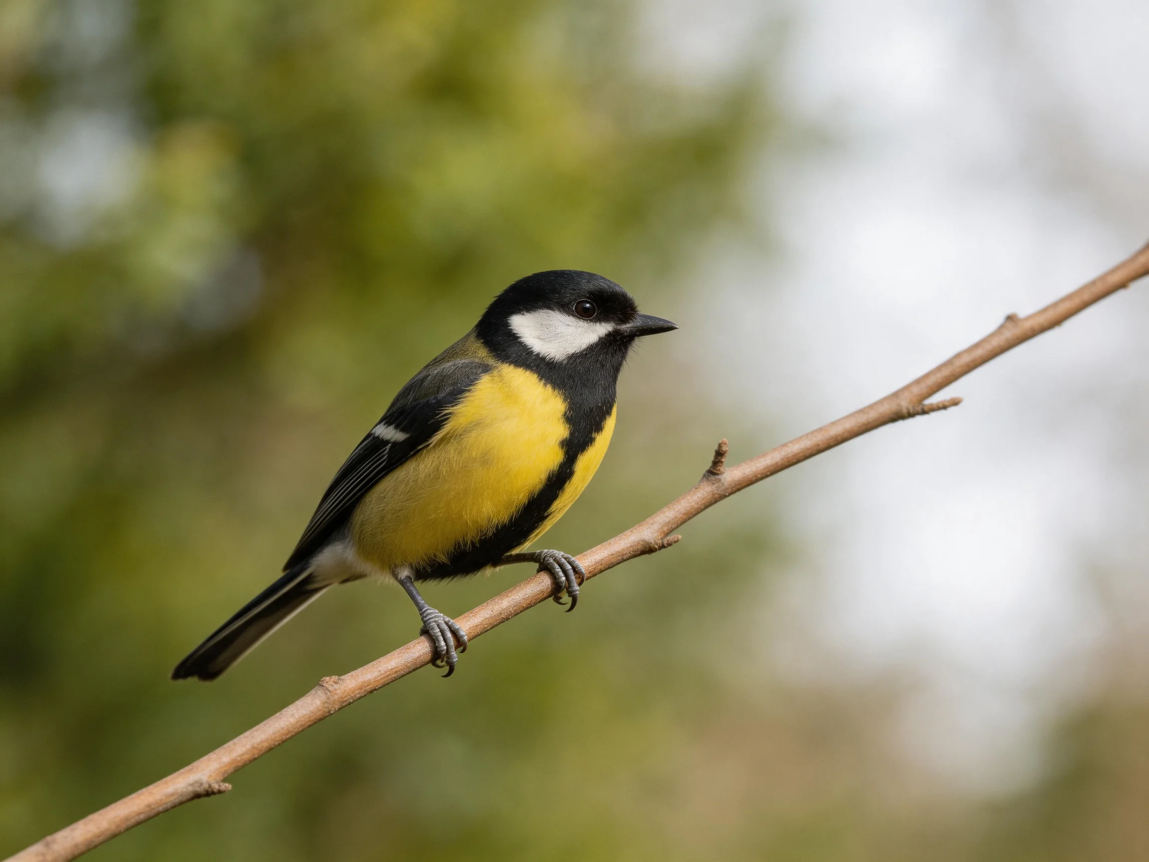 A small bird with black, white, and yellow plumage perches on a thin branch