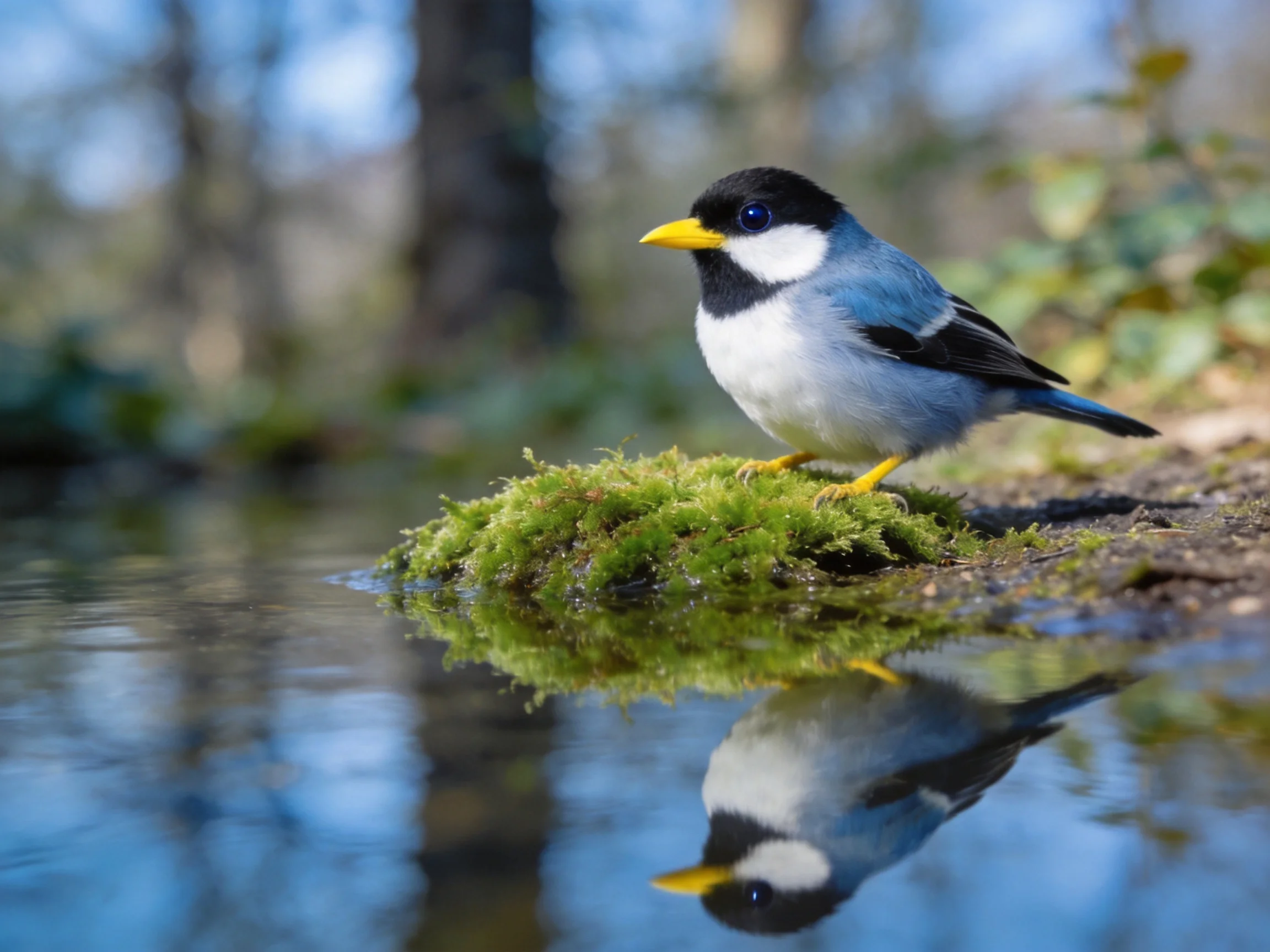 A small bird with black, white, blue plumage perched on mossy ground by calm water