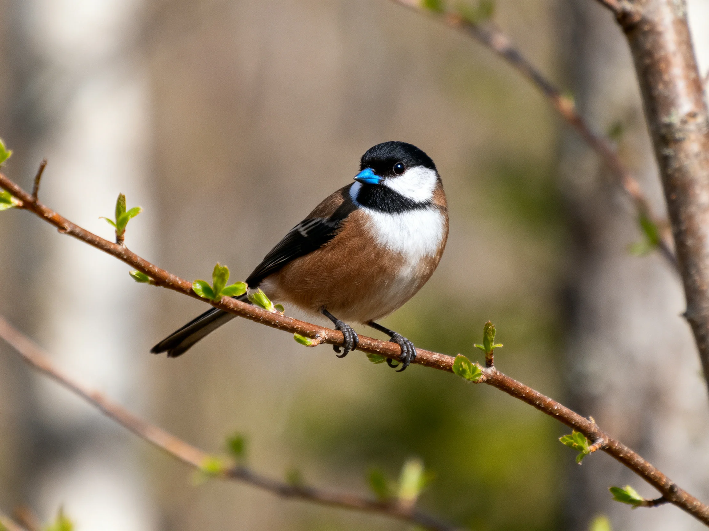 A small bird with distinct black, white, and brown coloring rests on a branch with fresh foliage.