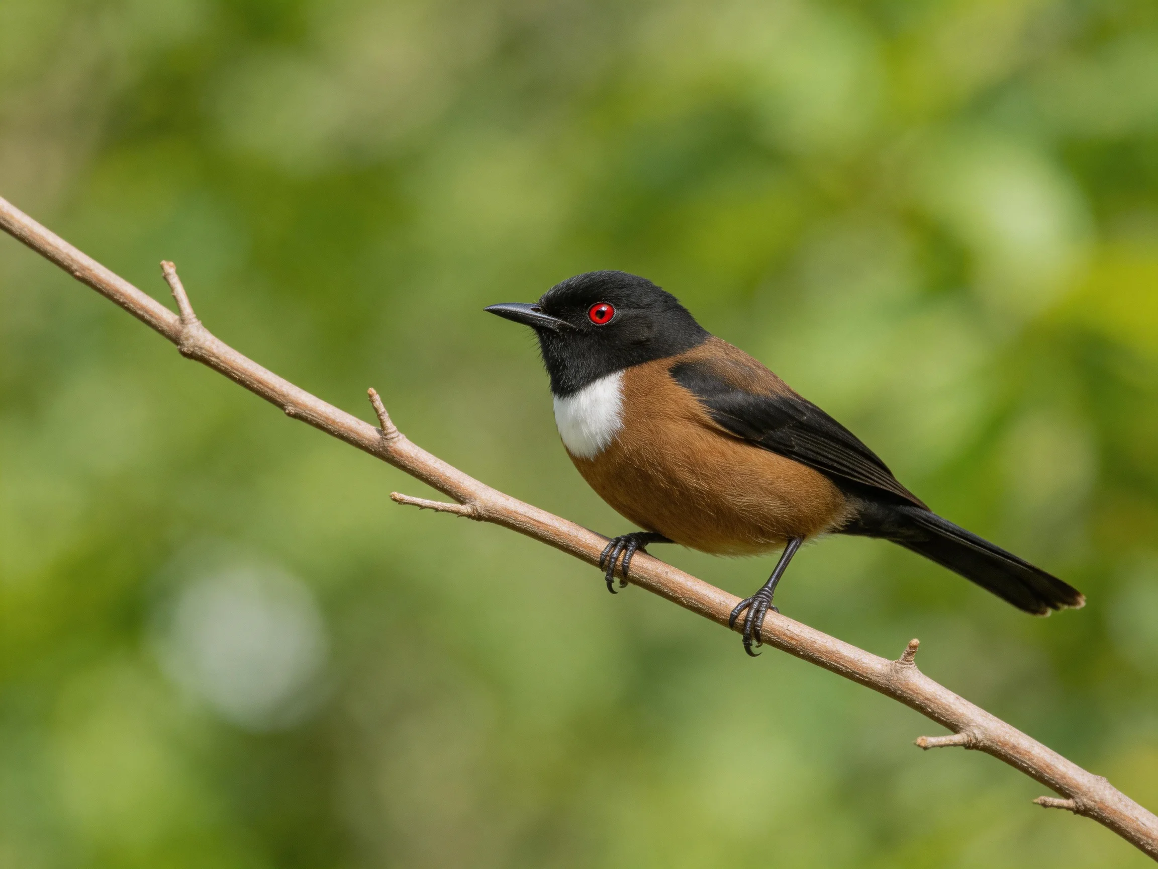 A small bird with black, white, and brown plumage rests on a thin branch.