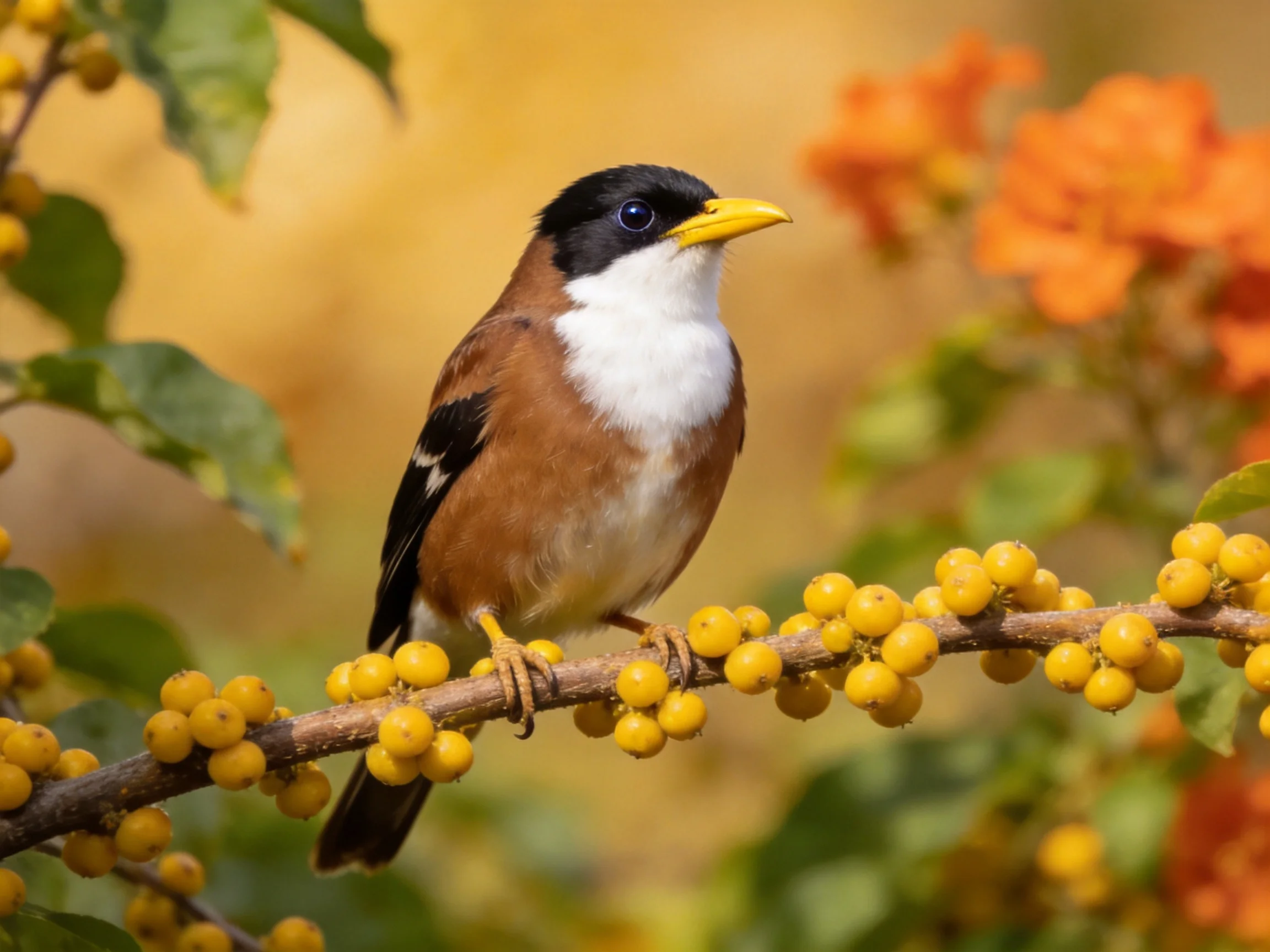 A small bird with black, white, brown plumage perches on a yellow berry-laden branch