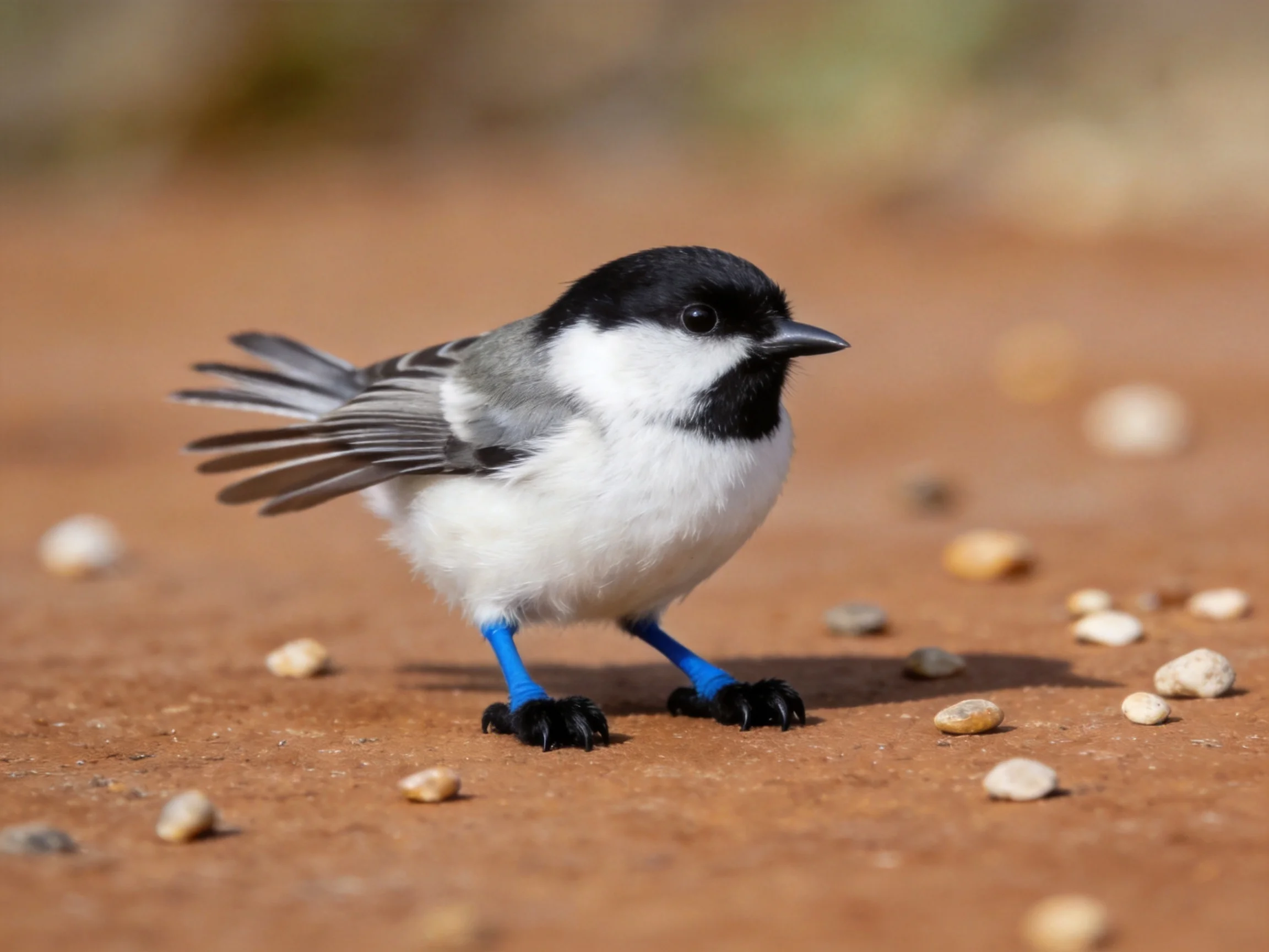 A small bird with black, white, gray feathers and blue leg bands stands on reddish dirt near pebbles.
