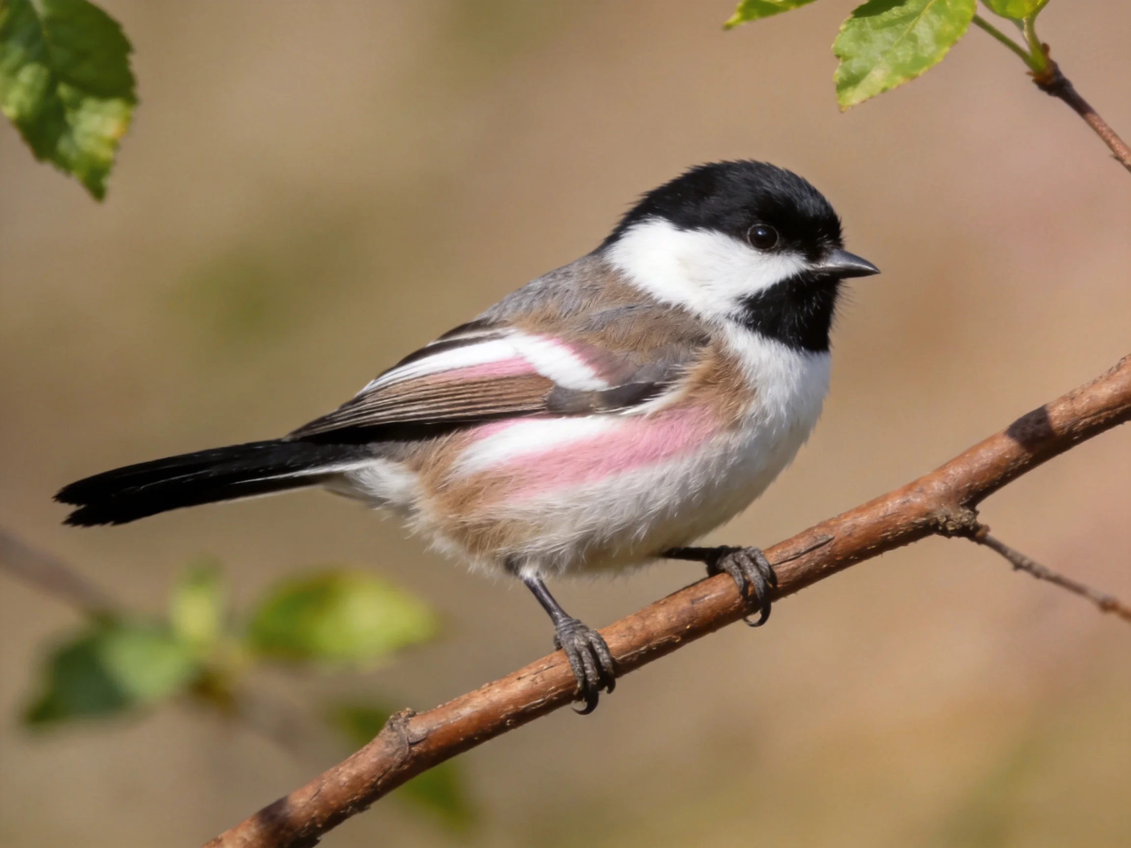 A small bird with black, white, pink, and brown plumage perched on a branch