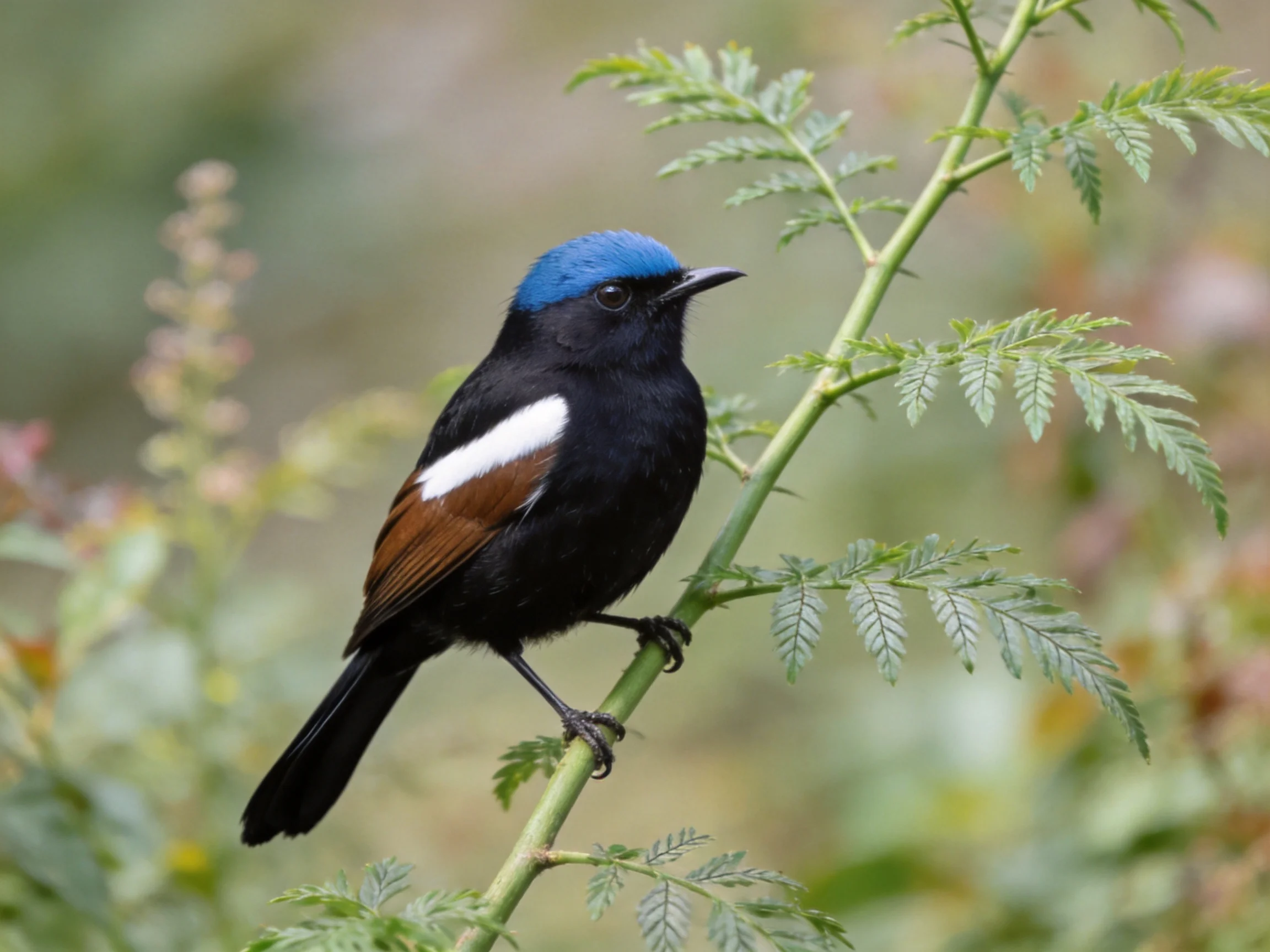 A small bird with blue cap, black body, and brown wing patches