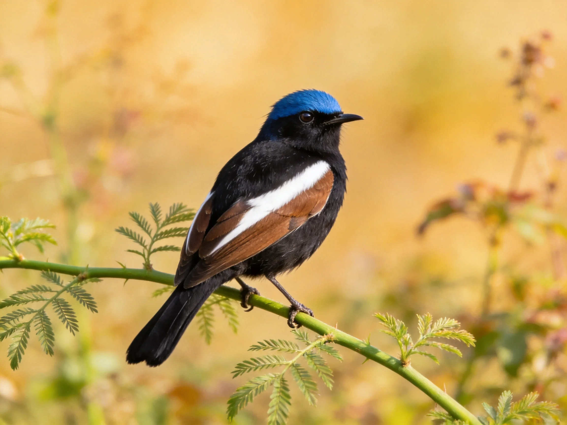 A small bird with blue cap, black body, and brown wings perches on a branch