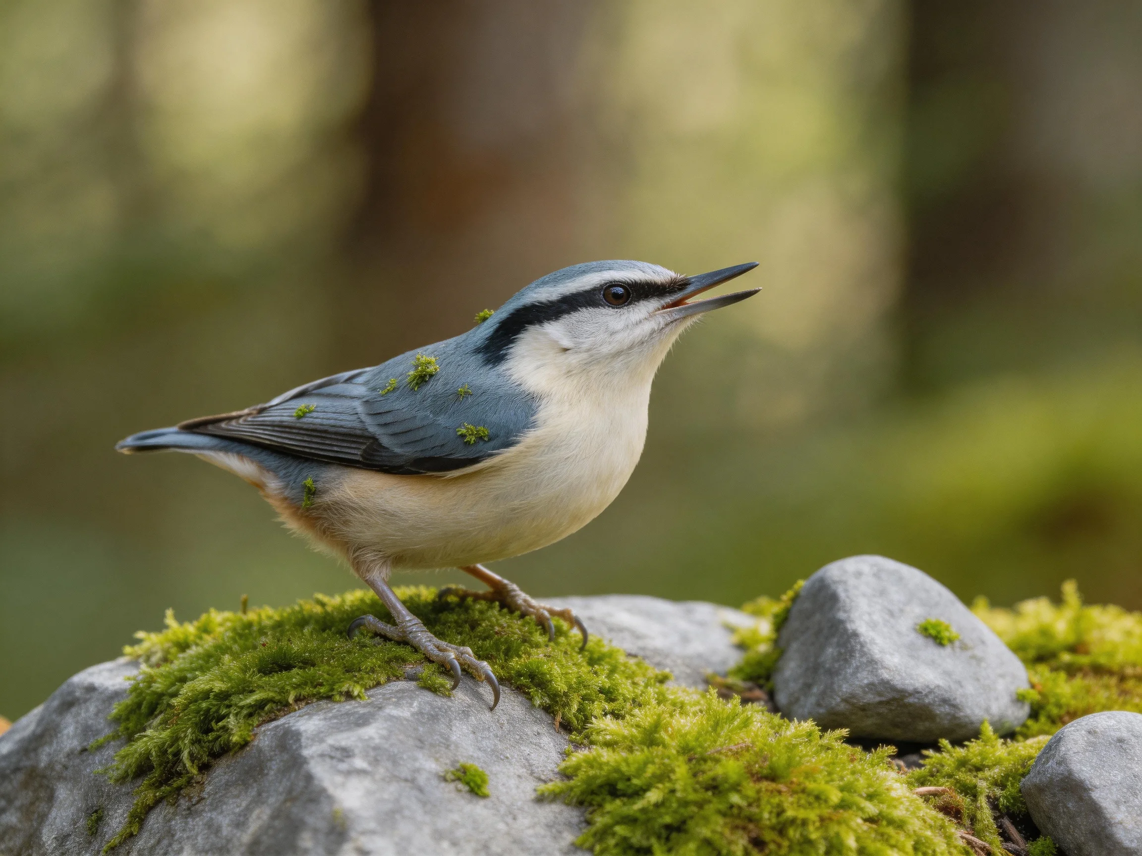 A small bird with blue-gray wings perches on moss-covered stones