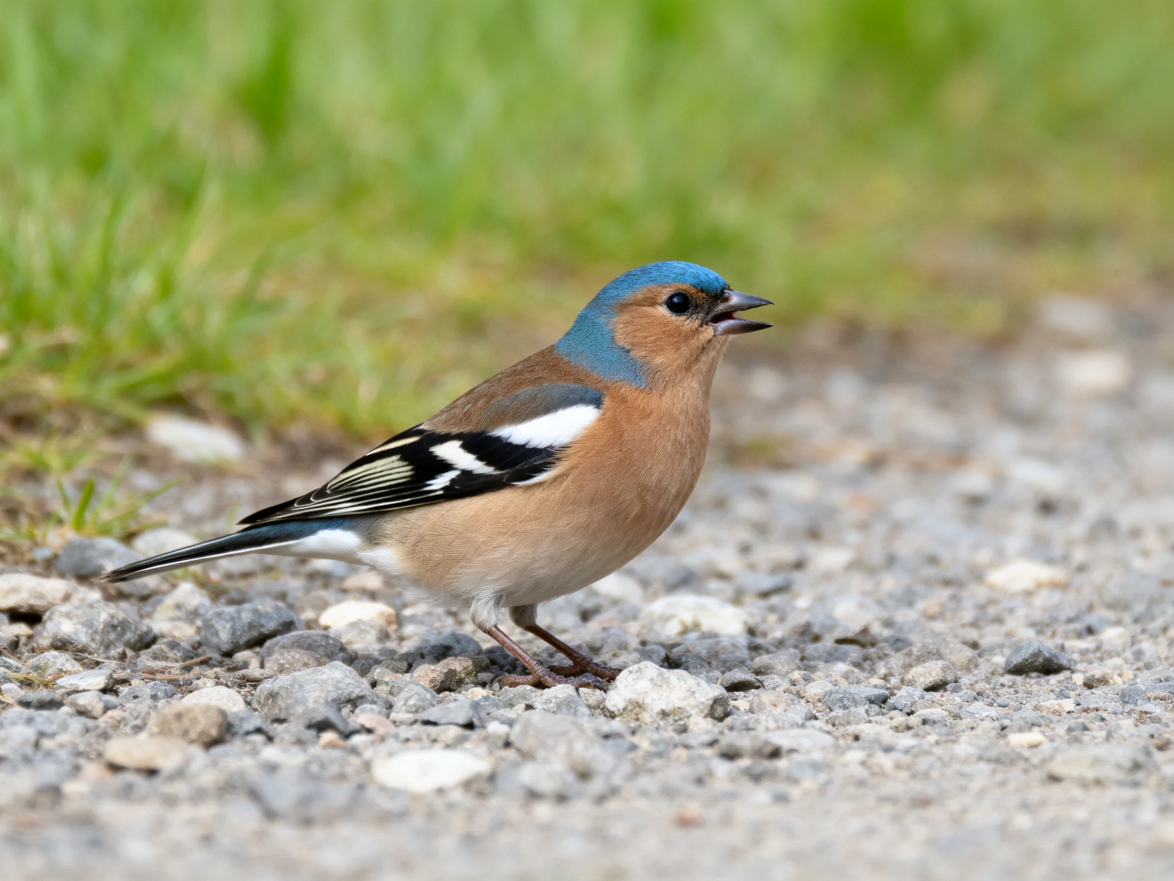 A small bird with blue head, brown chest, perched on gravel near green grass