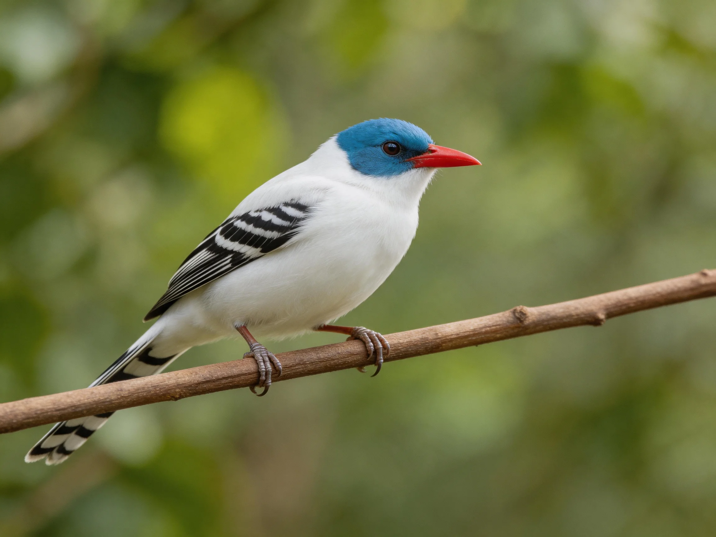 A small bird with blue head, red beak, and white body perched on a brown branch