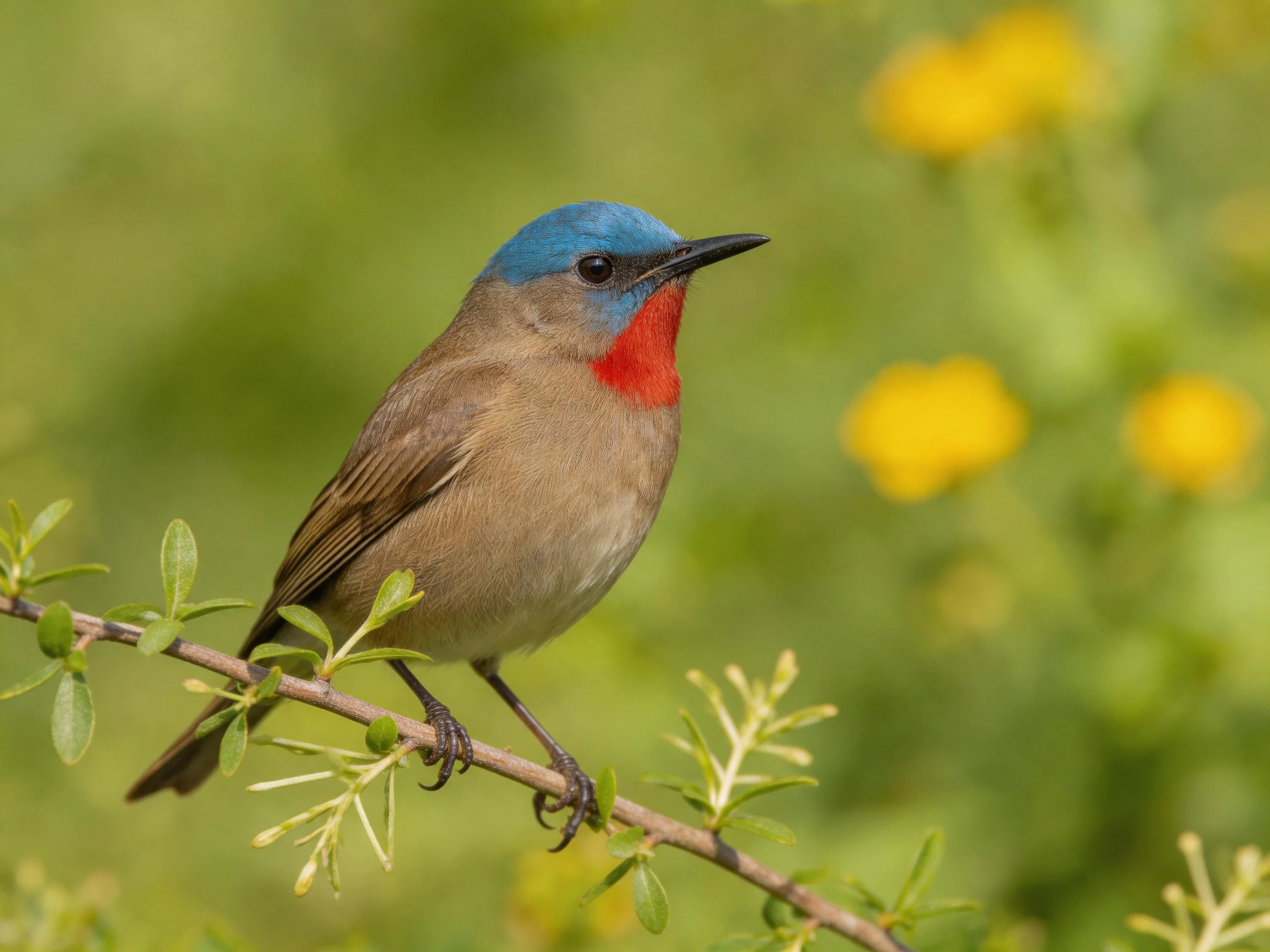 A small bird with blue head, red throat, perched on a leafy branch