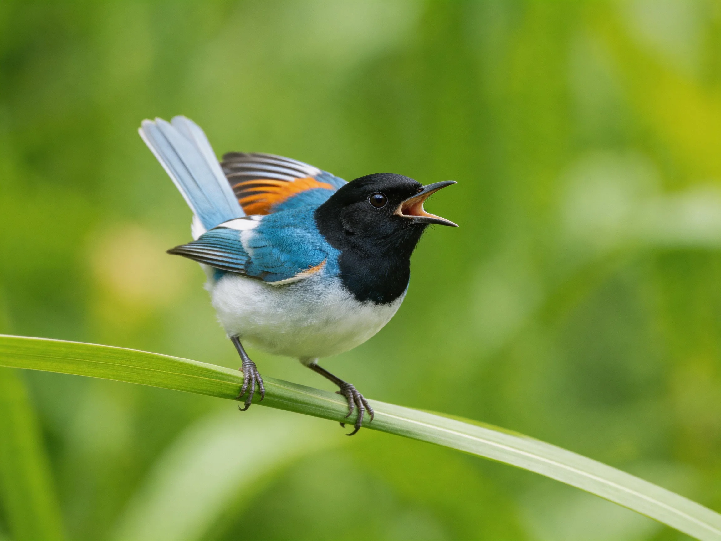 A small bird with blue wings, black head, and orange wing patch perched on a green stem