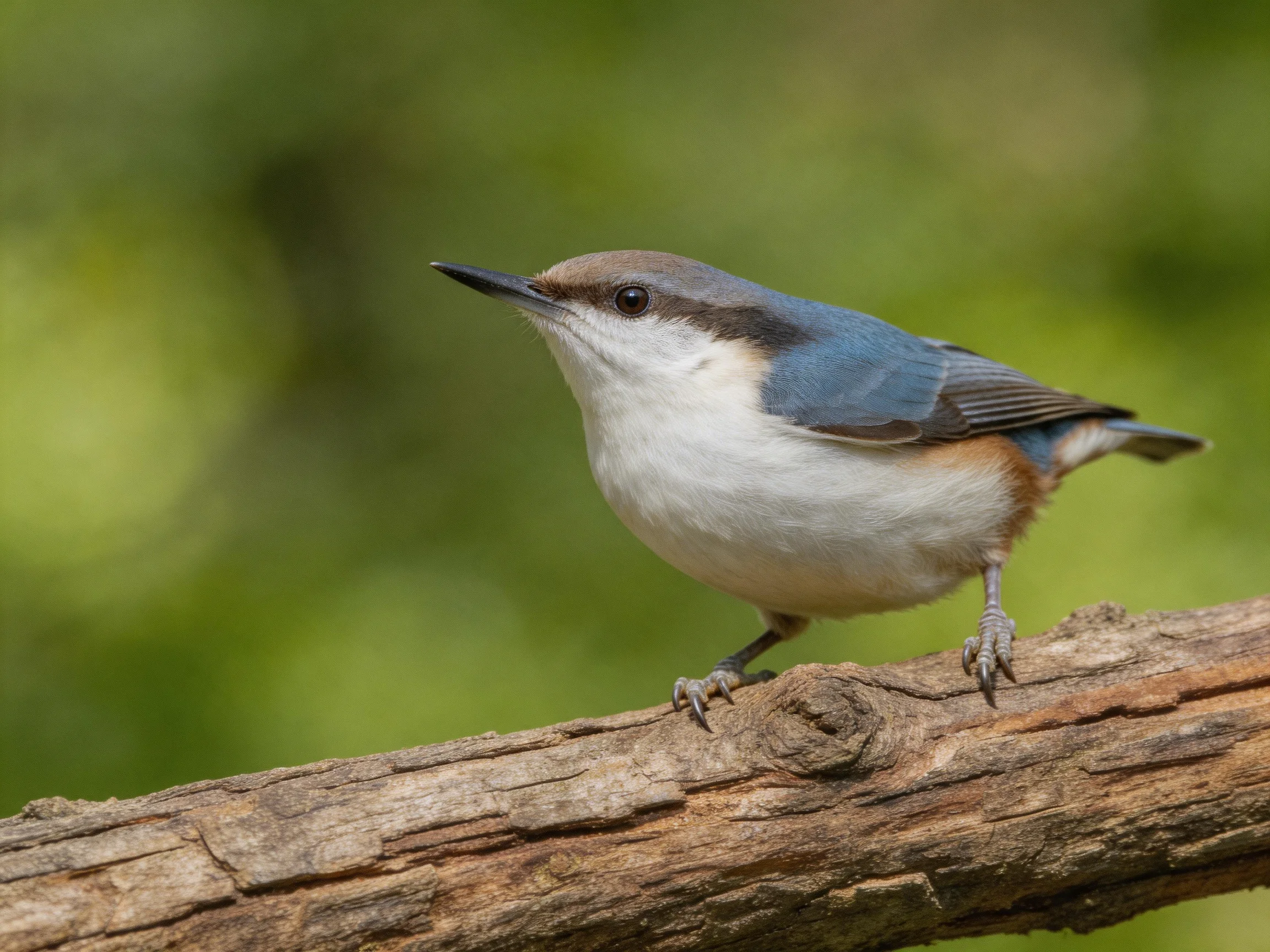 A small bird with blue wings rests on a gnarled branch