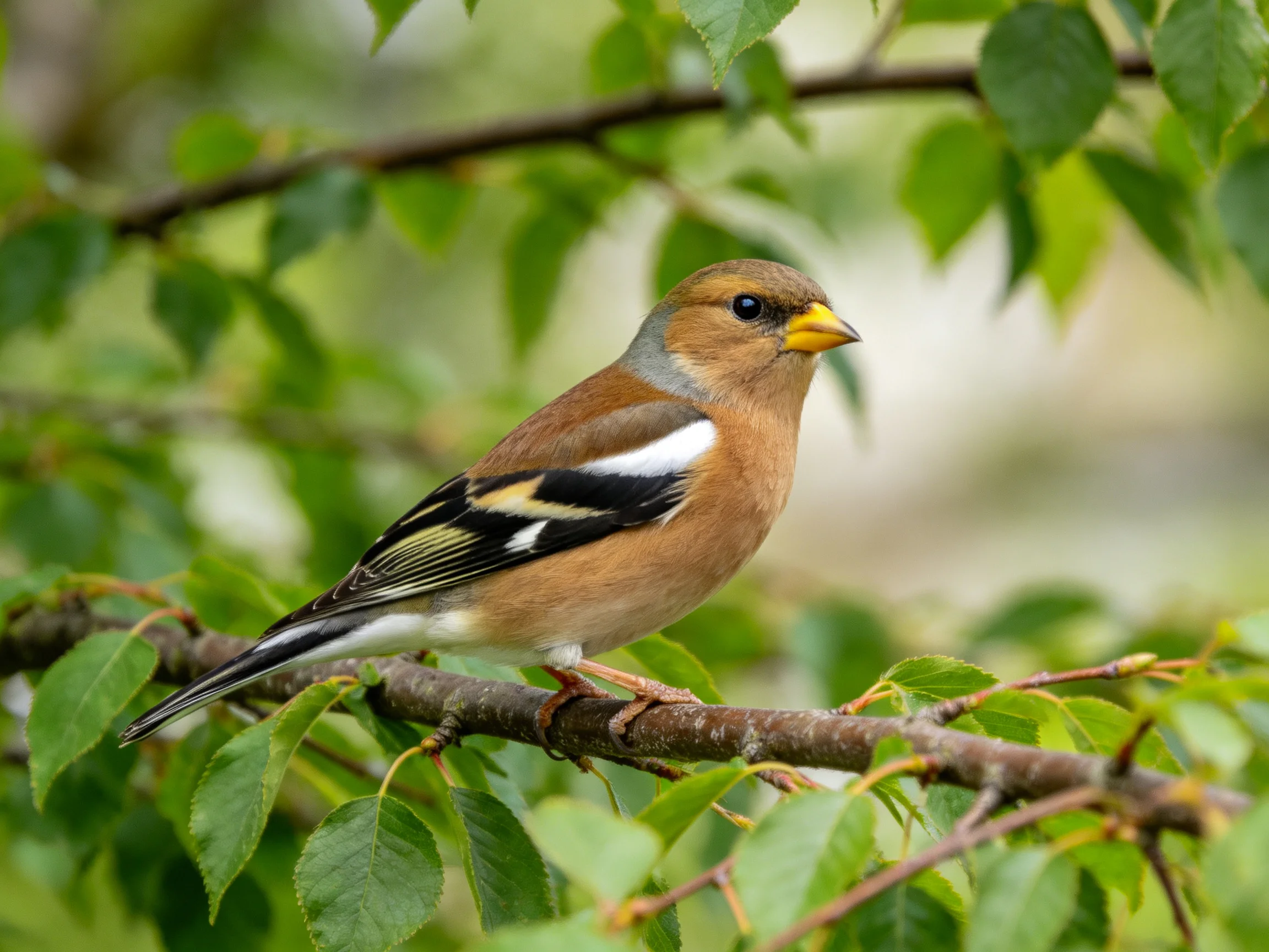 A small bird with multicolored plumage rests on a leafy branch.