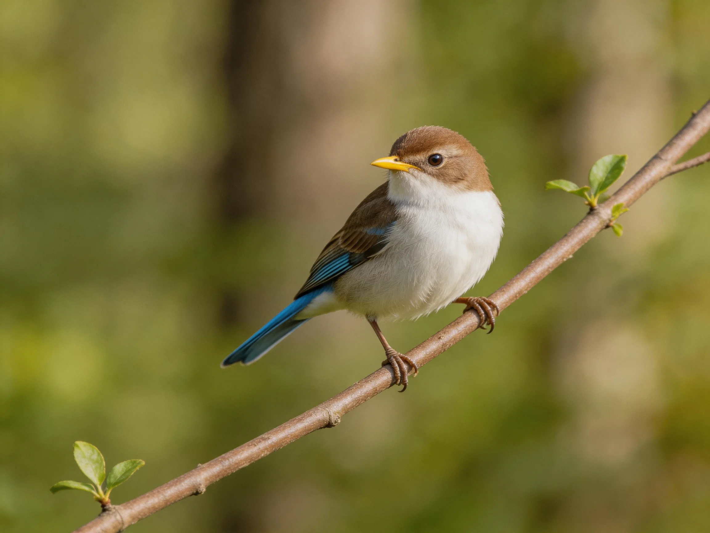 A small bird with brown head, white chest, blue tail perches on a thin branch