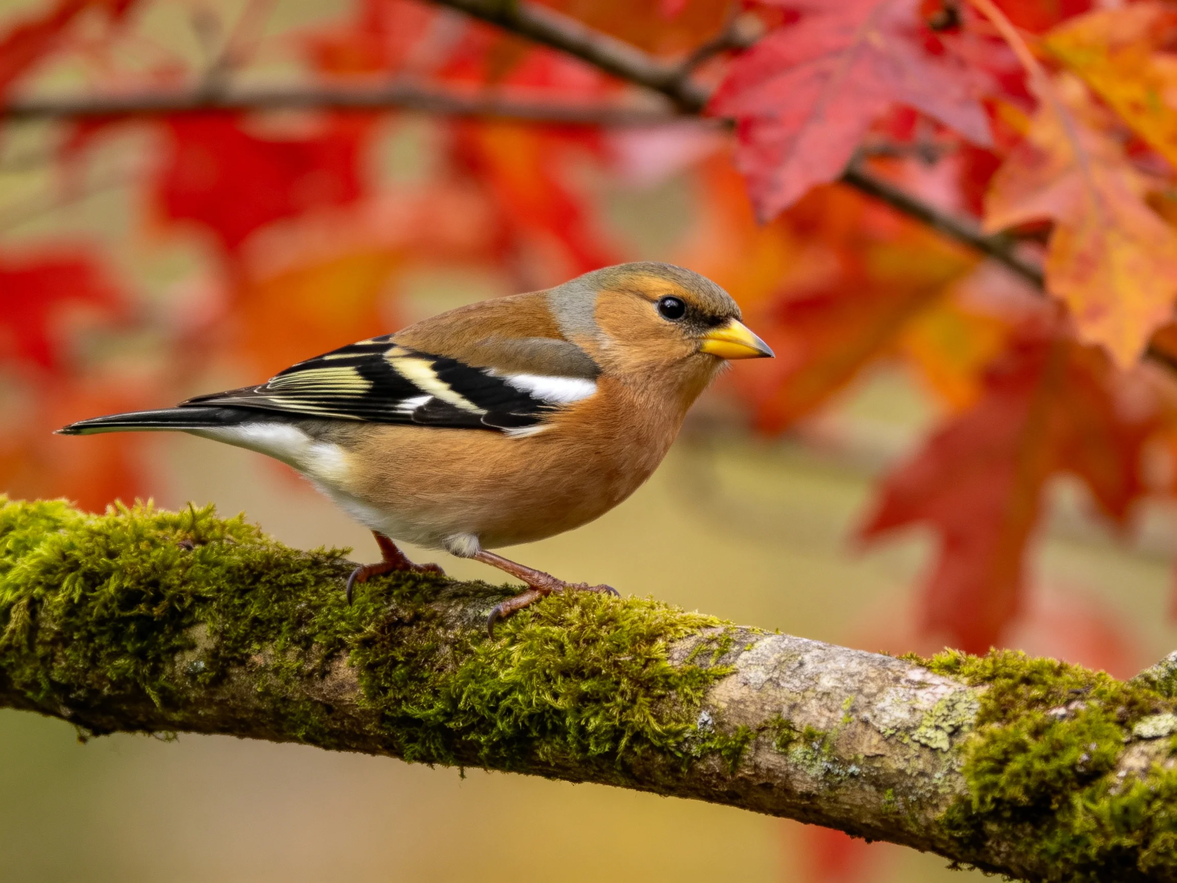 A small bird with brown plumage perched on a mossy branch among autumn leaves