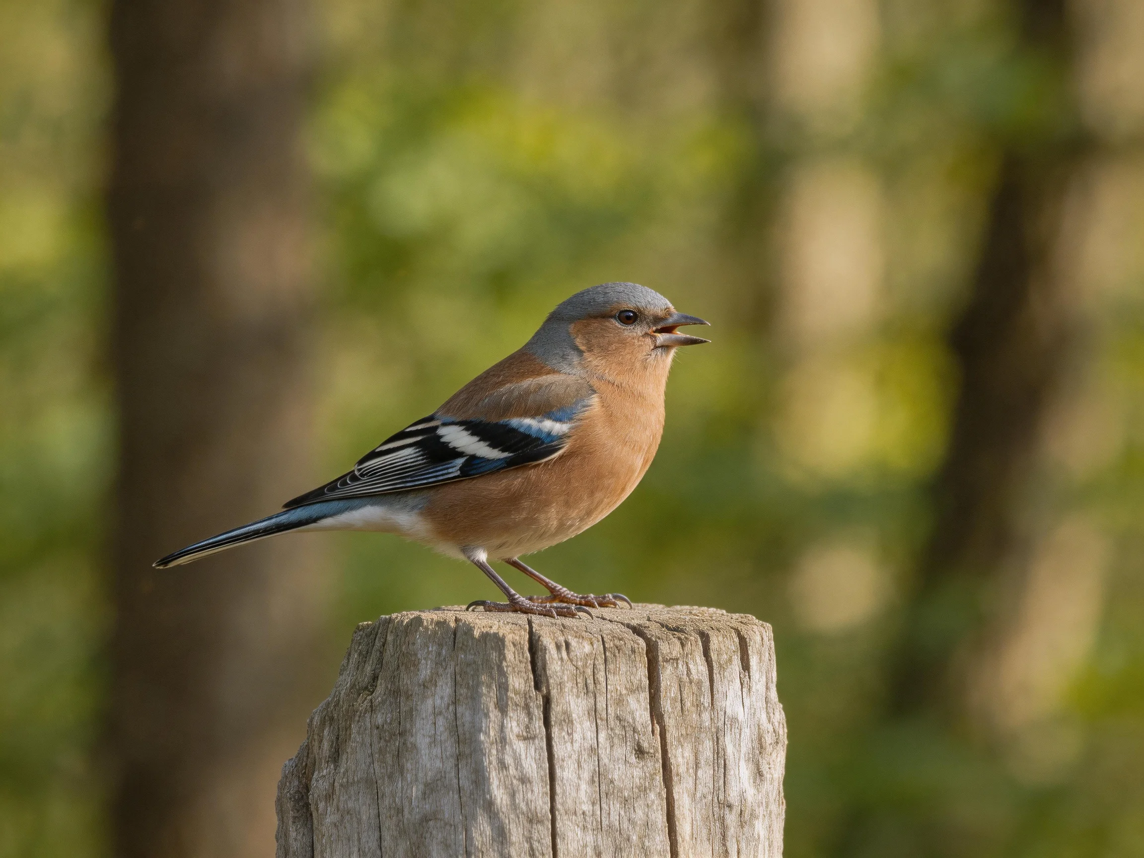 A small bird with brown plumage perches on a weathered wooden post