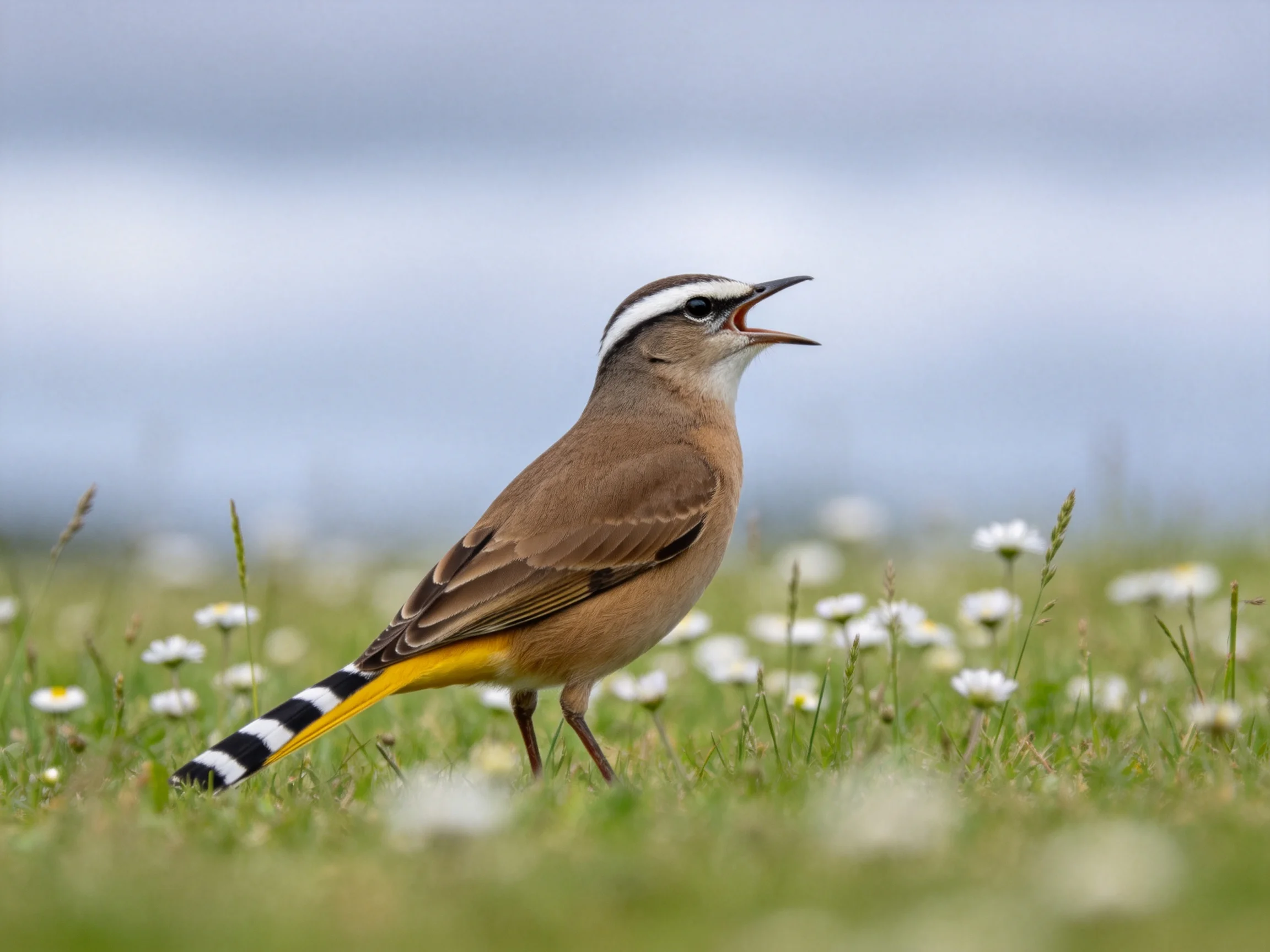 A small bird with brown plumage, yellow tail, and black-white striped tail