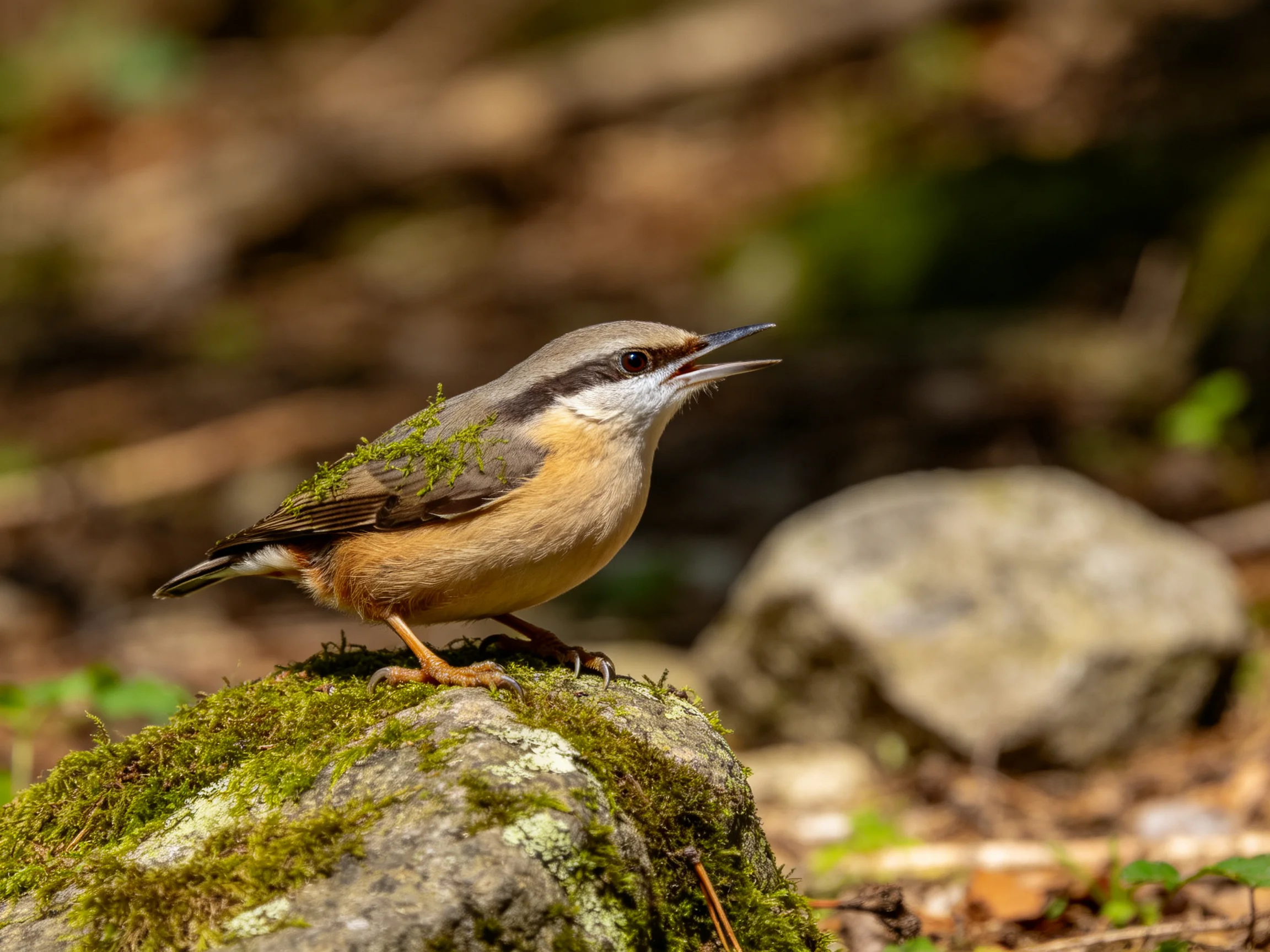 A small bird with earth-toned plumage perches on a mossy rock near stones