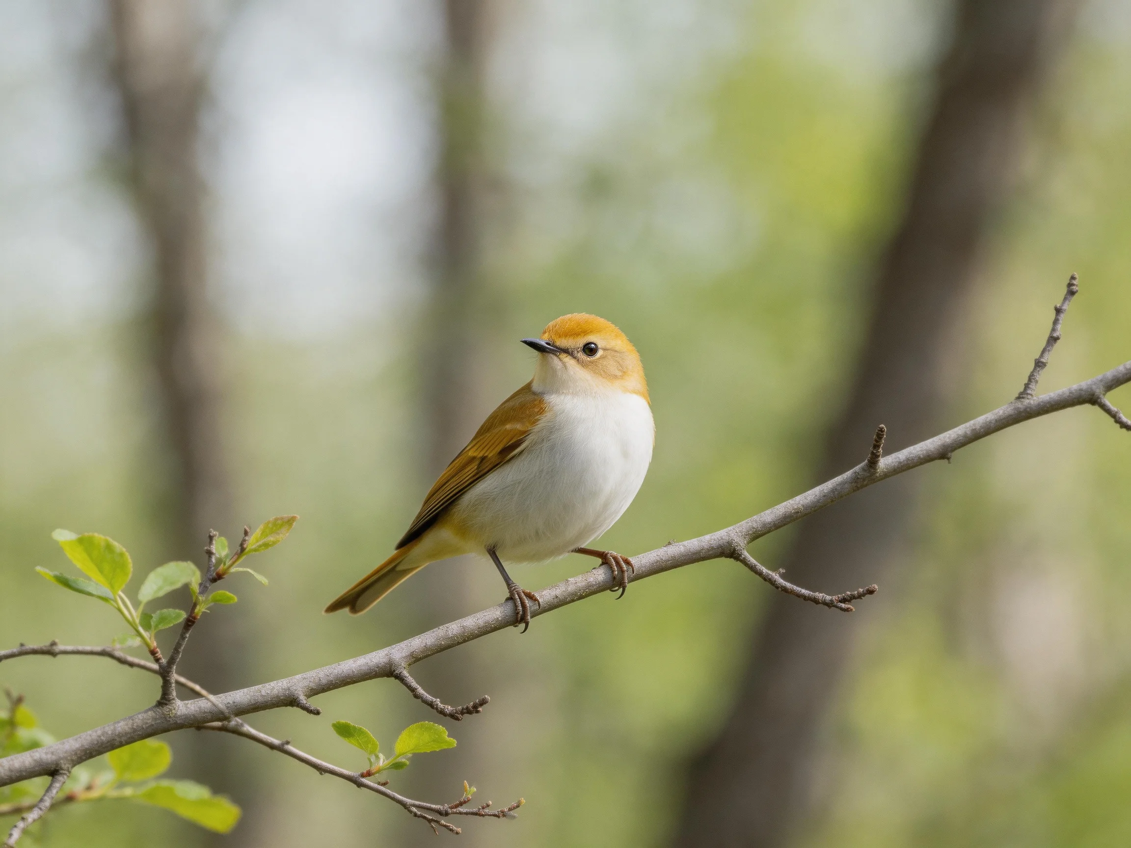 A small bird with a golden head rests on a branch amid blurred greenery.