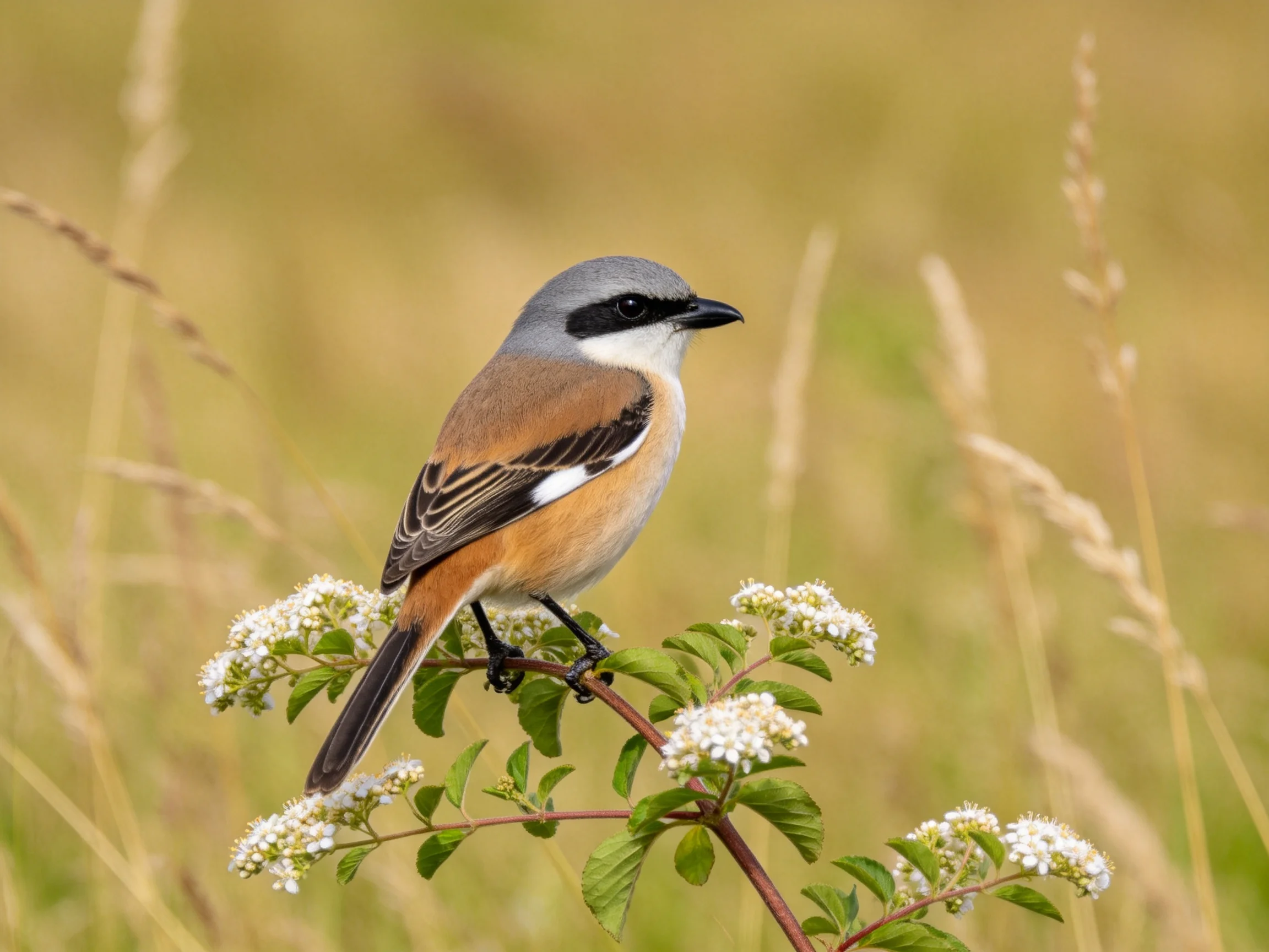 A small bird with gray head, brown plumage, perched on flowering shrub
