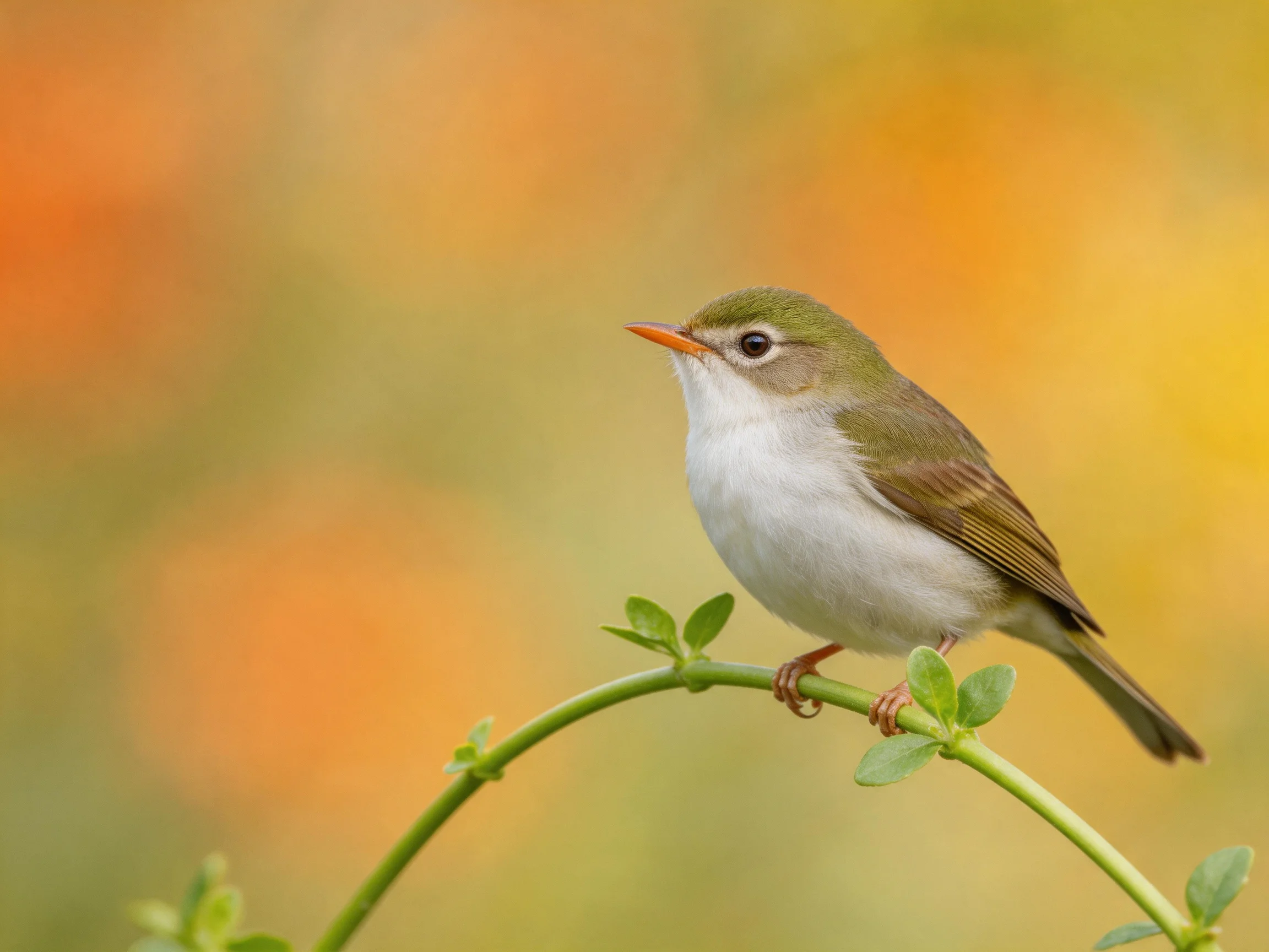 A small bird with olive-green plumage perches on a curved branch